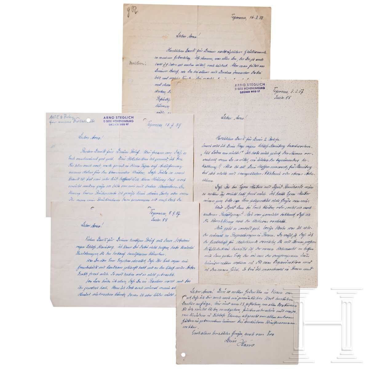 Generaloberst Hans Reinhardt - vier eigenhändige Briefe und eine Danksagungskarte, 1957 - 1959