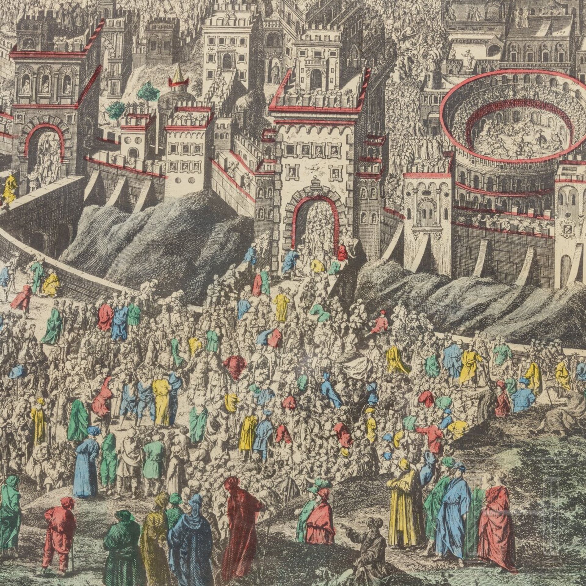Johann Daniel Herz (1693 - 1754) - Gesamtpanorama der Stadt Jerusalem, kolorierter Druck, 1735 - Image 3 of 9