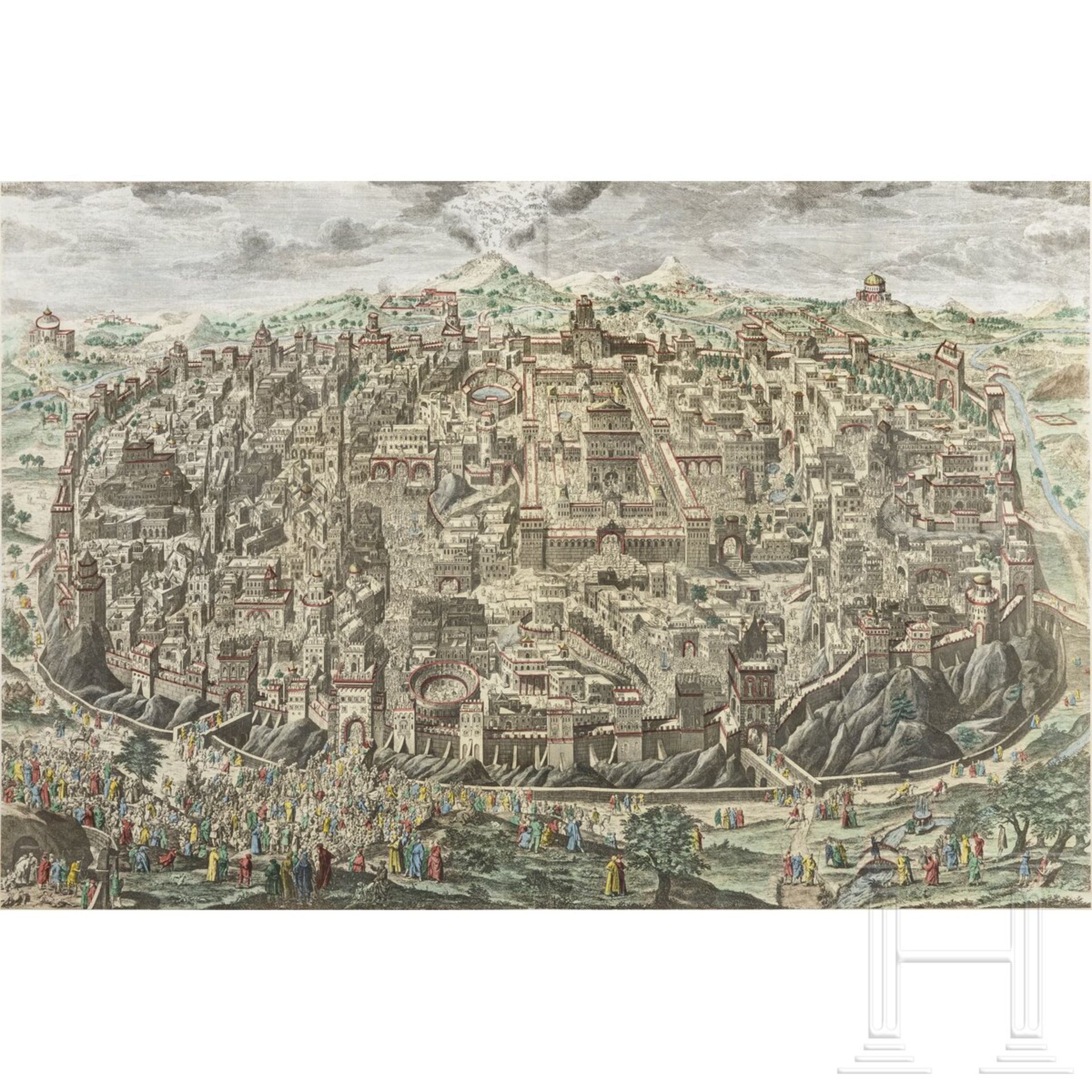 Johann Daniel Herz (1693 - 1754) - Gesamtpanorama der Stadt Jerusalem, kolorierter Druck, 1735