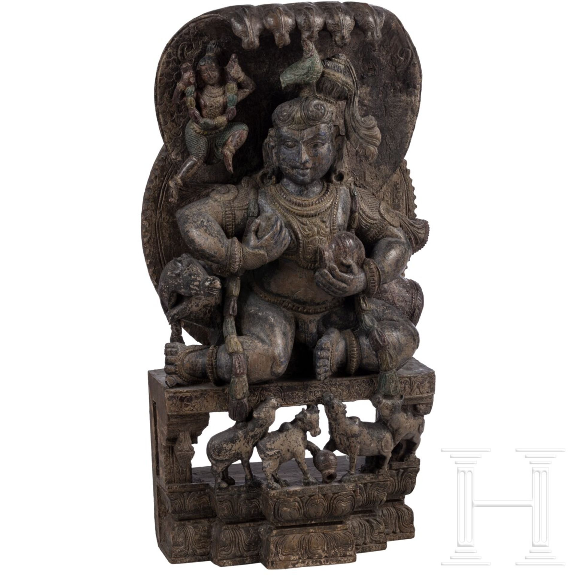 Große Holzskulptur von Shiva und Vasuki, Indien, 18./19. Jhdt.
