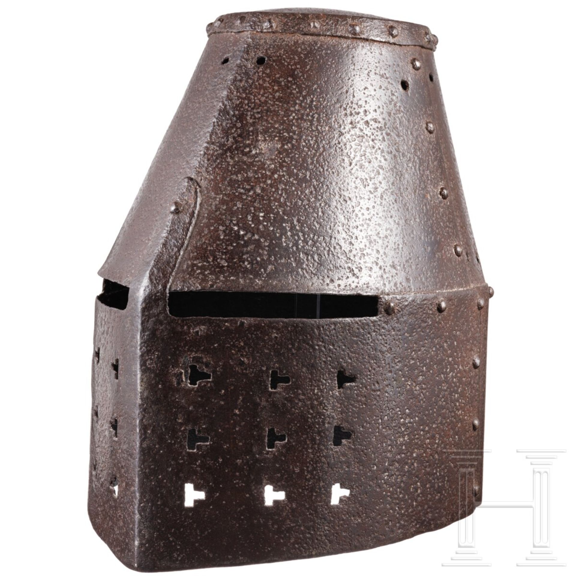 Ritterlicher Topfhelm (Kübelhelm) im Stil des frühen 14. Jhdts., deutsch, 19. Jhdt.