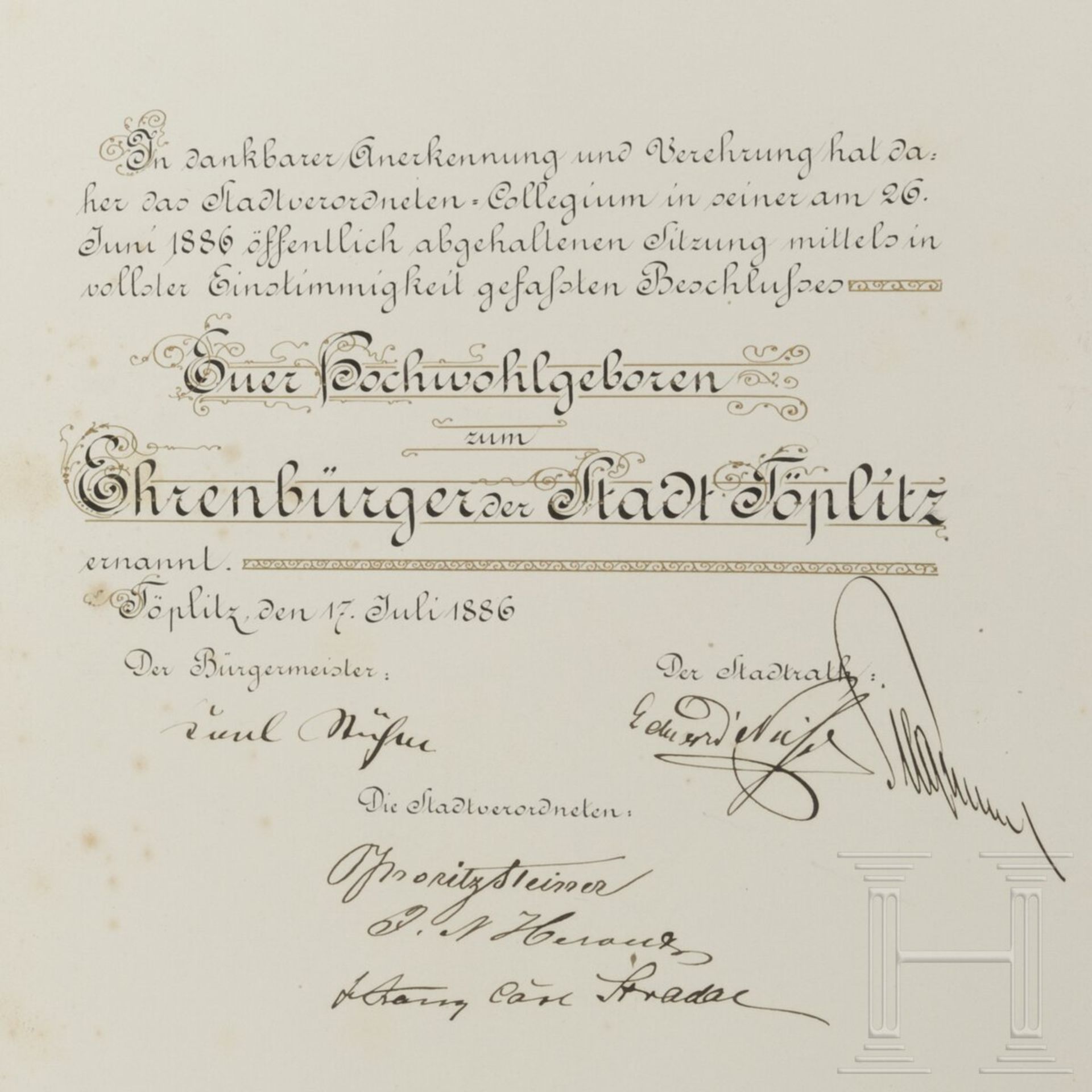 Hermann Hallwich (1838 - 1913) - prunkvolle Ehrenbürgerurkunde seiner Geburtsstadt Töplitz, 1886 - Image 6 of 6
