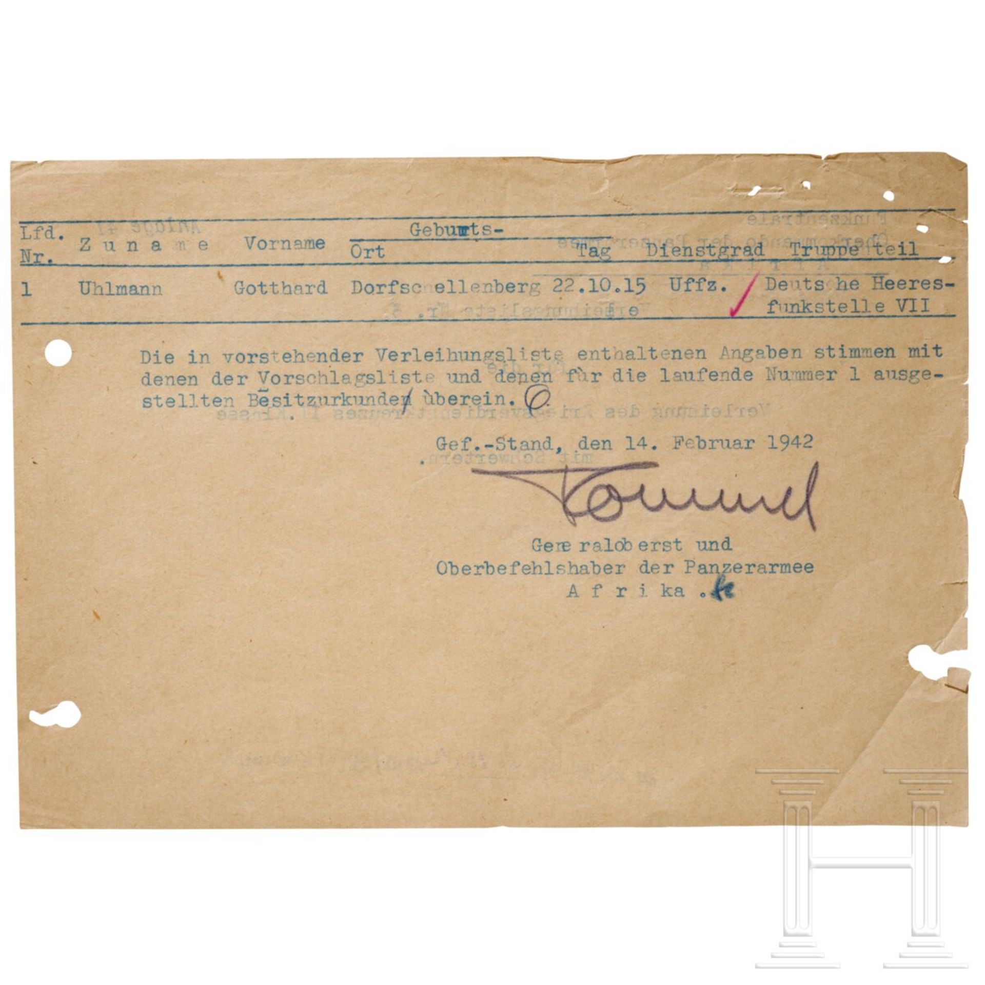 GFM Erwin Rommel - eigenhändig signierter Verleihungsvorschlag zum KVK 2.Kl.m.S. 1942