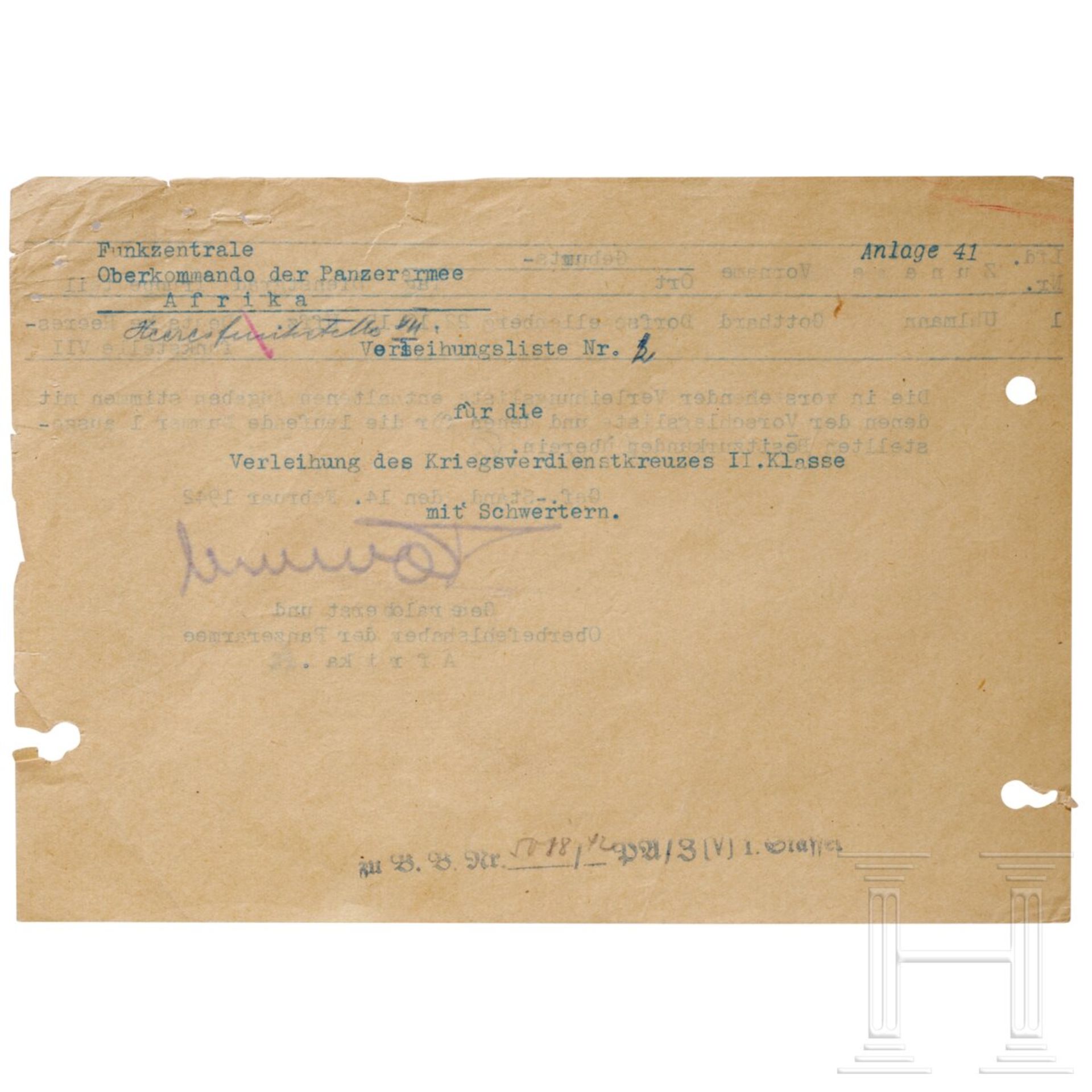 GFM Erwin Rommel - eigenhändig signierter Verleihungsvorschlag zum KVK 2.Kl.m.S. 1942 - Image 2 of 3