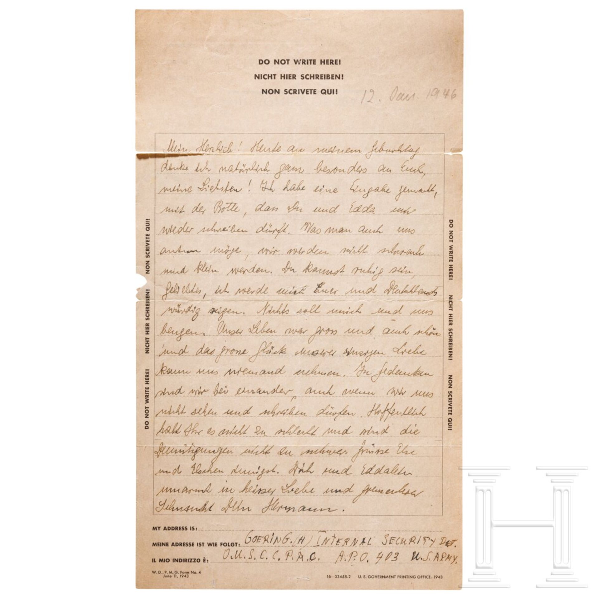 Hermann Göring - eigenhändiger Brief an Emmy vom 12. Januar 1946