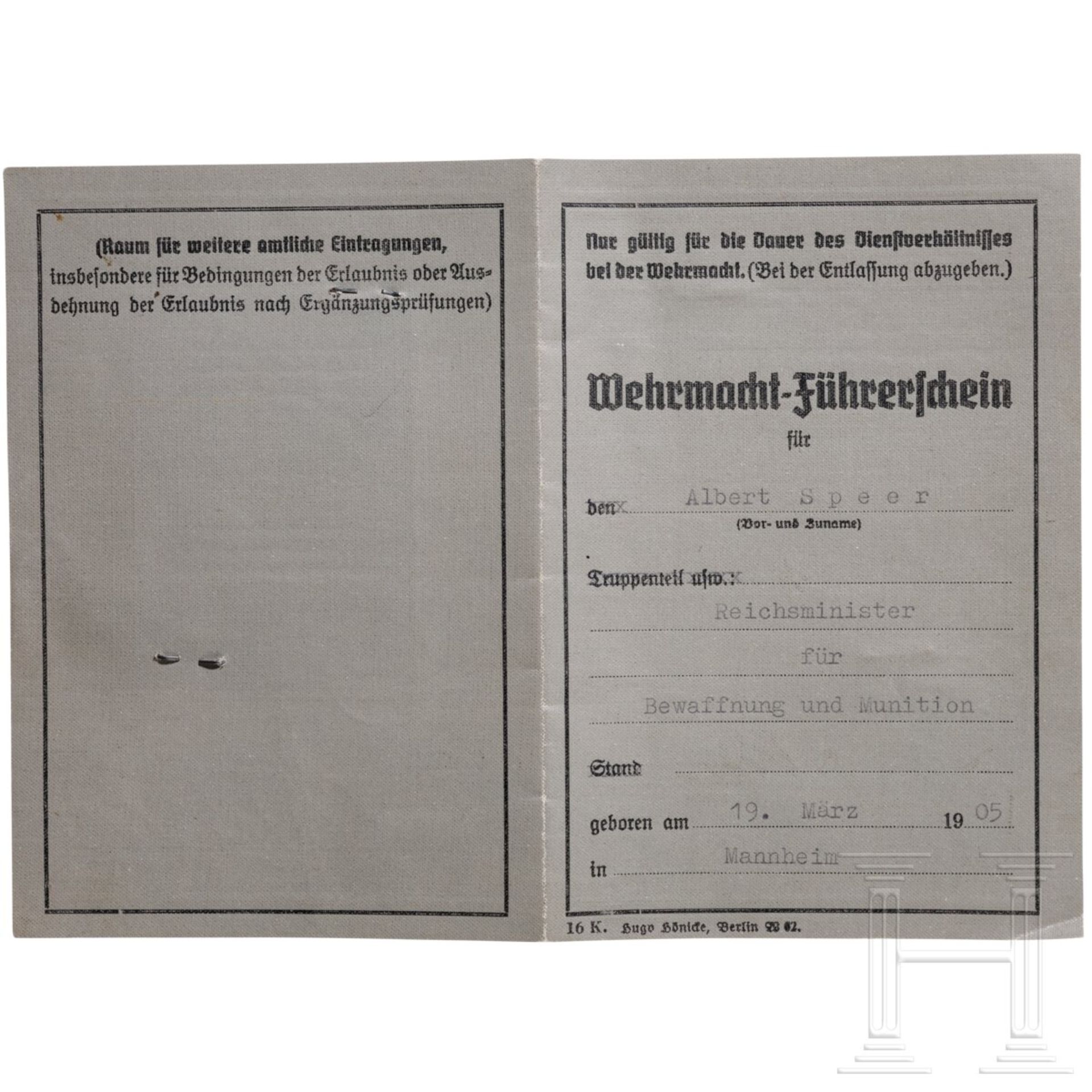 Albert Speer - Wehrmacht-Führerschein als Reichsminister für Bewaffnung und Munition, 1942 - Image 2 of 3