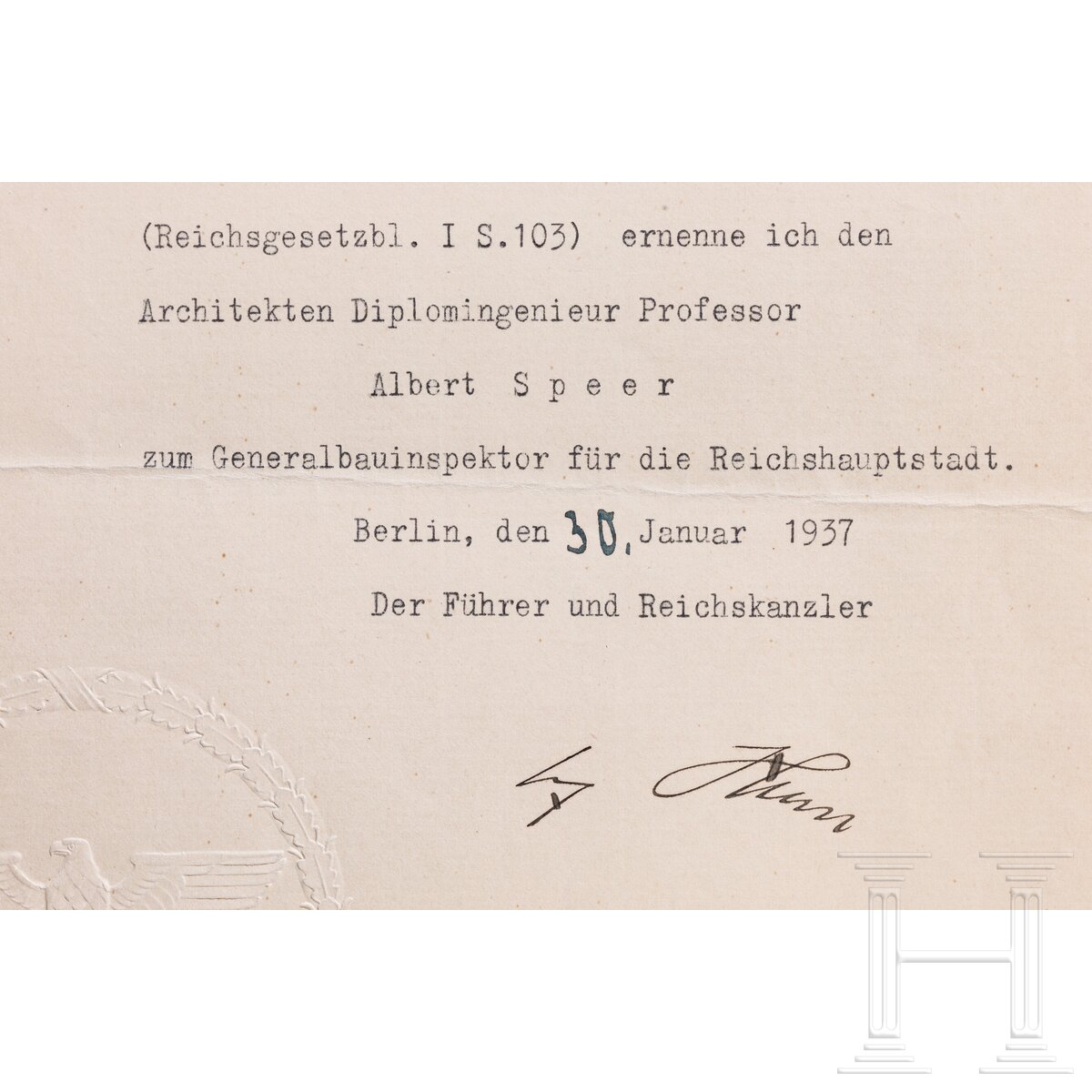 Albert Speer - Ernennungsurkunde zum Generalbauinspektor für die Reichshauptstadt 1937 mit Unterschr - Bild 2 aus 3