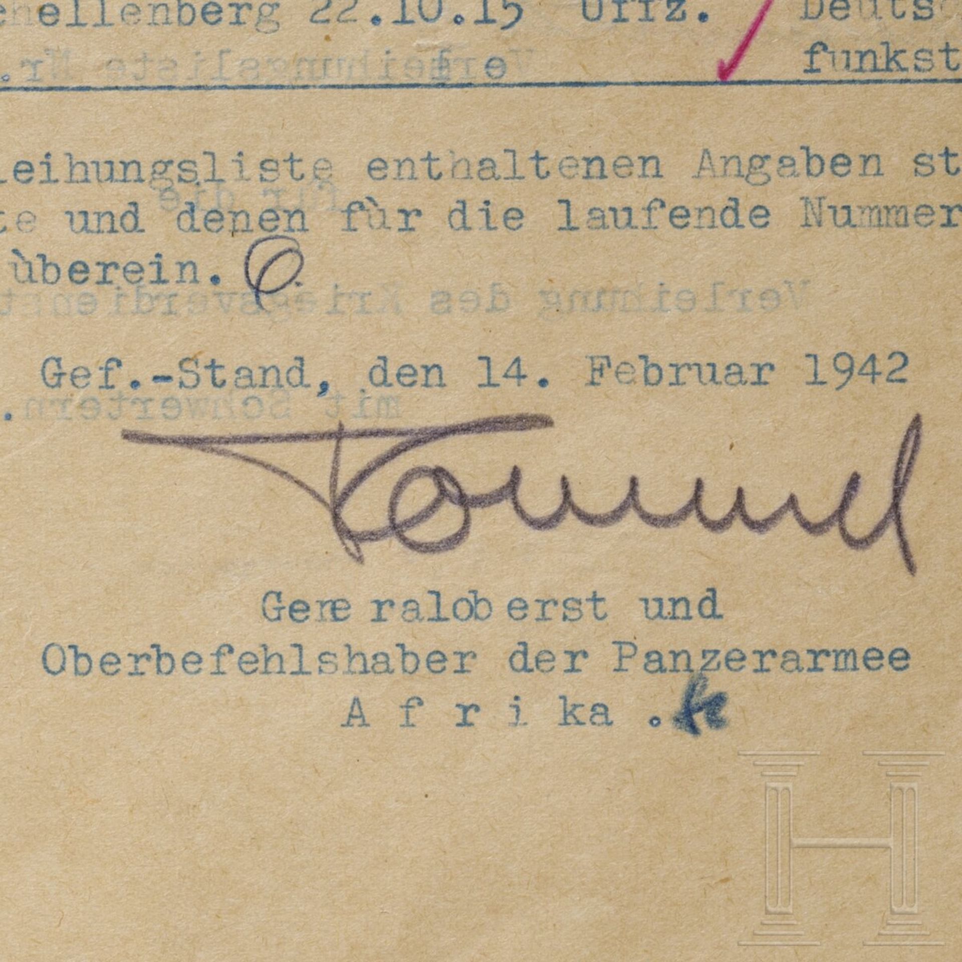 GFM Erwin Rommel - eigenhändig signierter Verleihungsvorschlag zum KVK 2.Kl.m.S. 1942 - Image 3 of 3