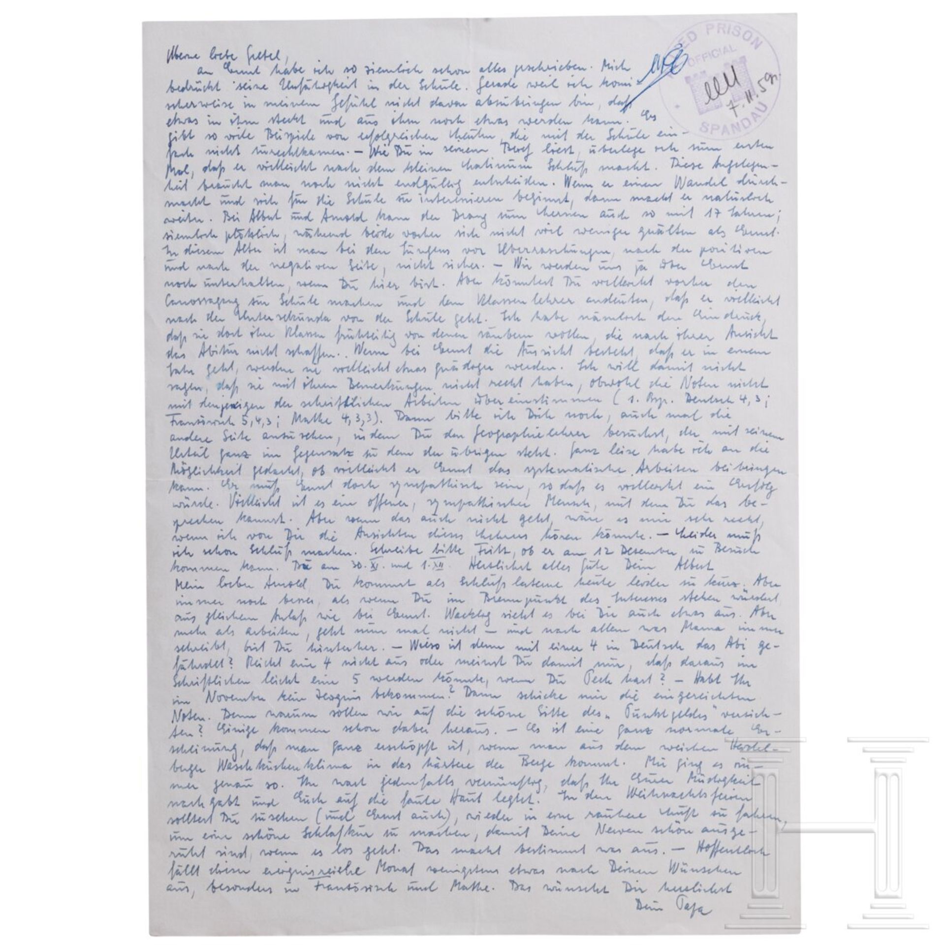 Albert Speer - zwei handgeschriebene Briefe an seine Frau und seinen Sohn 1959 sowie drei private Fo - Bild 2 aus 5
