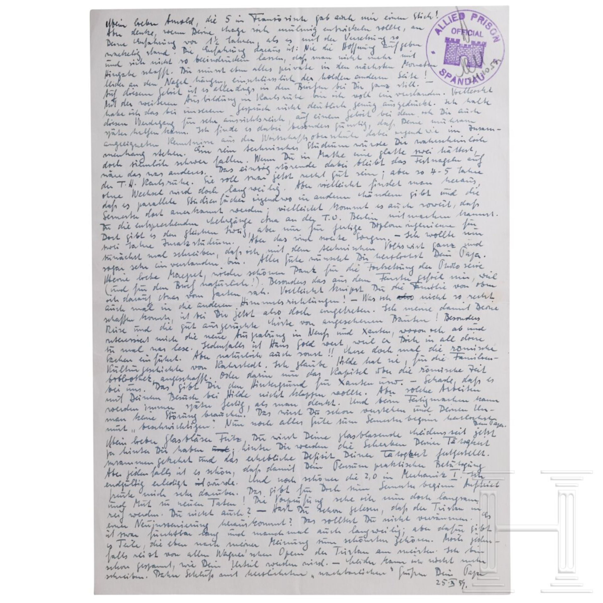 Albert Speer - zwei handgeschriebene Briefe an seine Frau und seinen Sohn 1959 sowie drei private Fo - Bild 3 aus 5