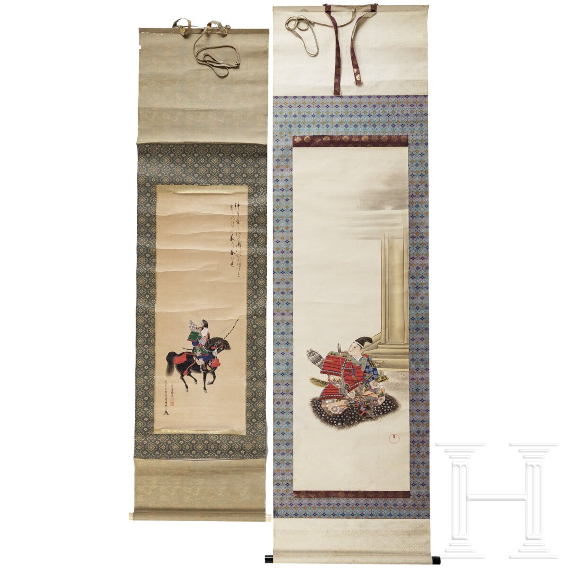 Zwei japanische Kakemono-Rollbilder mit Samurais, Edo-/Meiji-Zeit