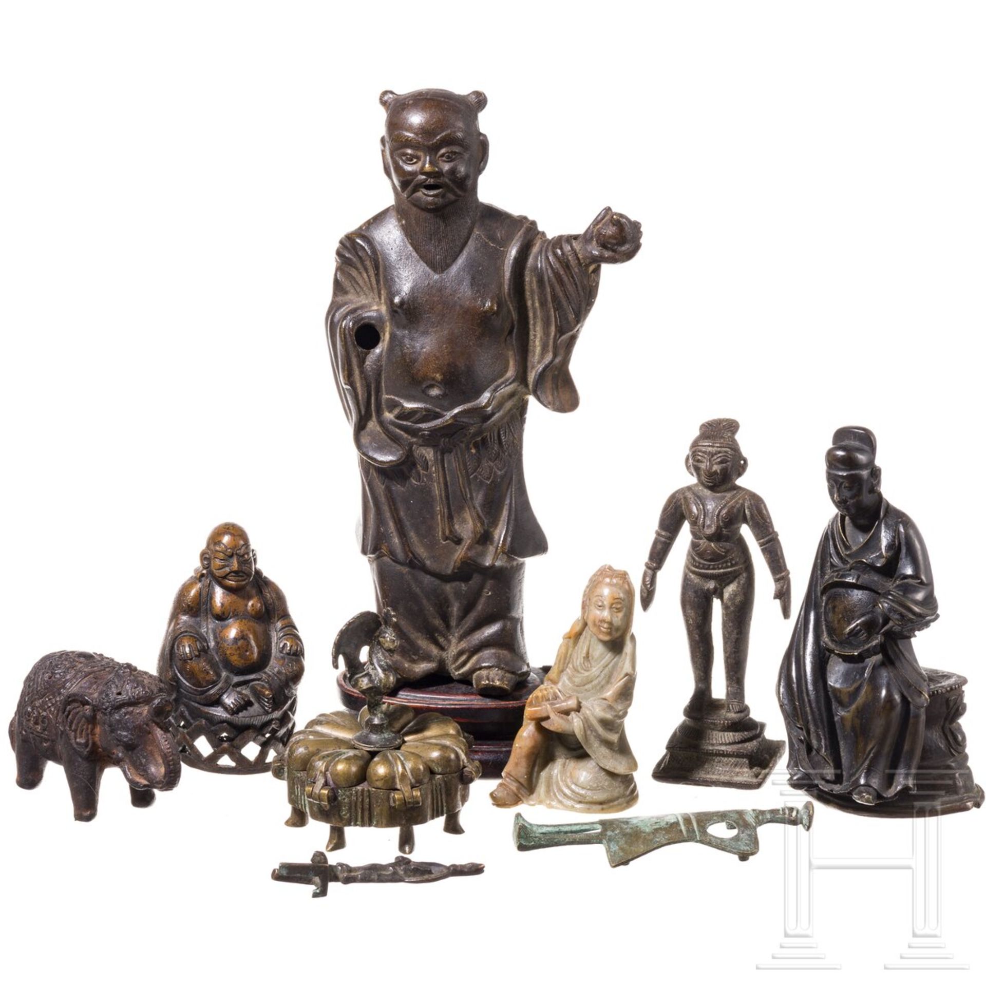 Kleines Konvolut asiatischer Bronzefiguren, China und Indien, 20. Jhdt.