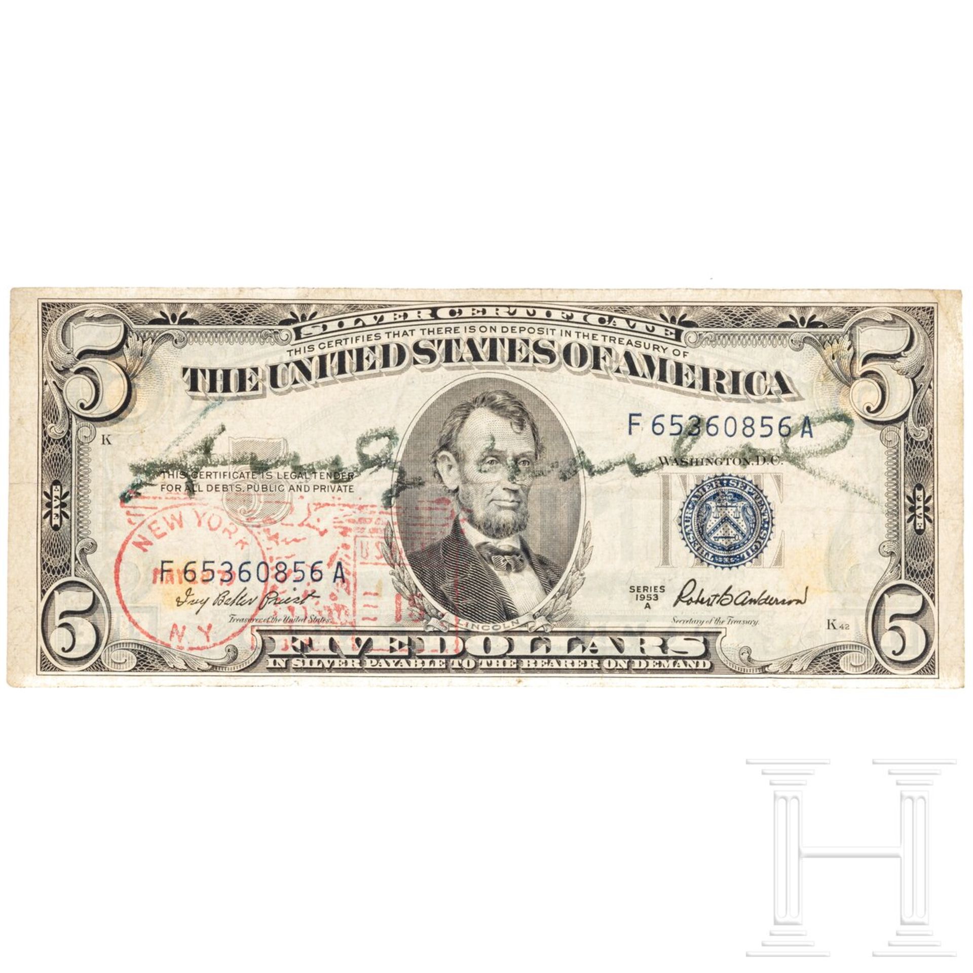 Fünf-Dollar-Schein, signiert "Andy Warhol", 1979