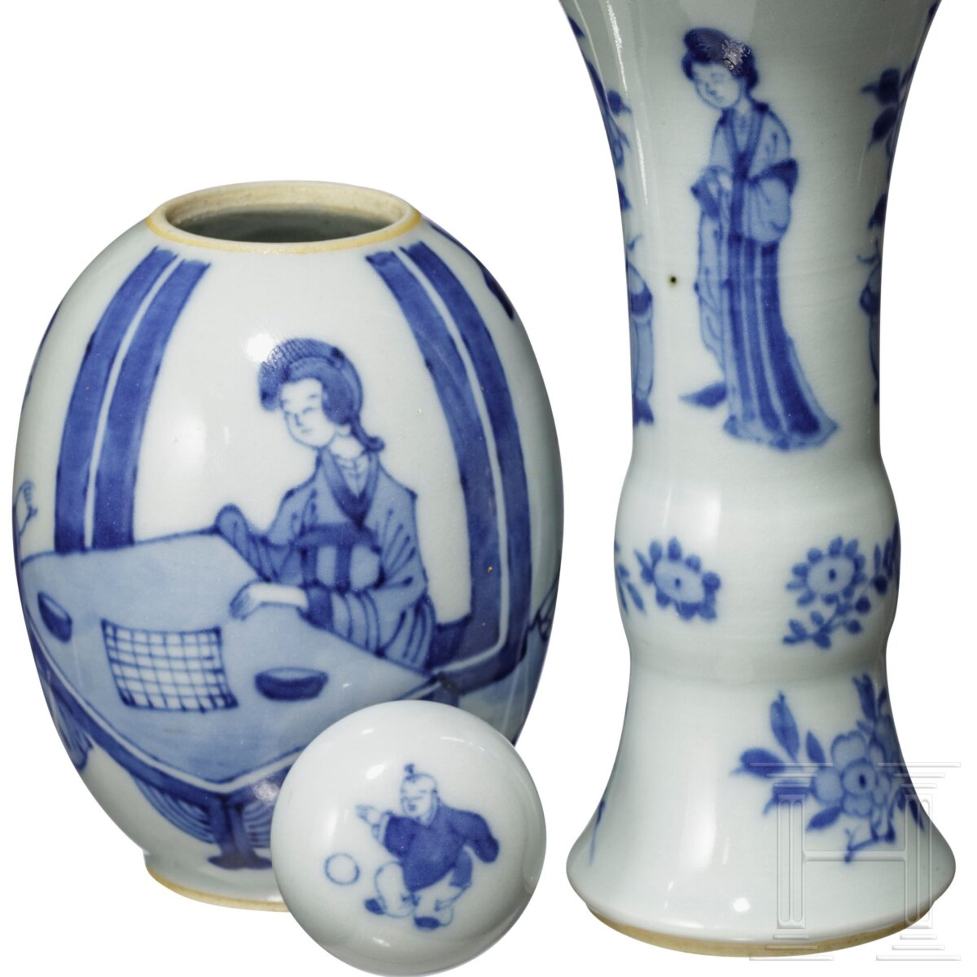 Kleine blau-weiße Gu-Vase und Deckelgefäß, wohl Kangxi-Periode - Image 20 of 20