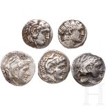 Fünf Tetradrachmen, Silber, hellenistisch, 4. - 2. Jhdt. v. Chr.
