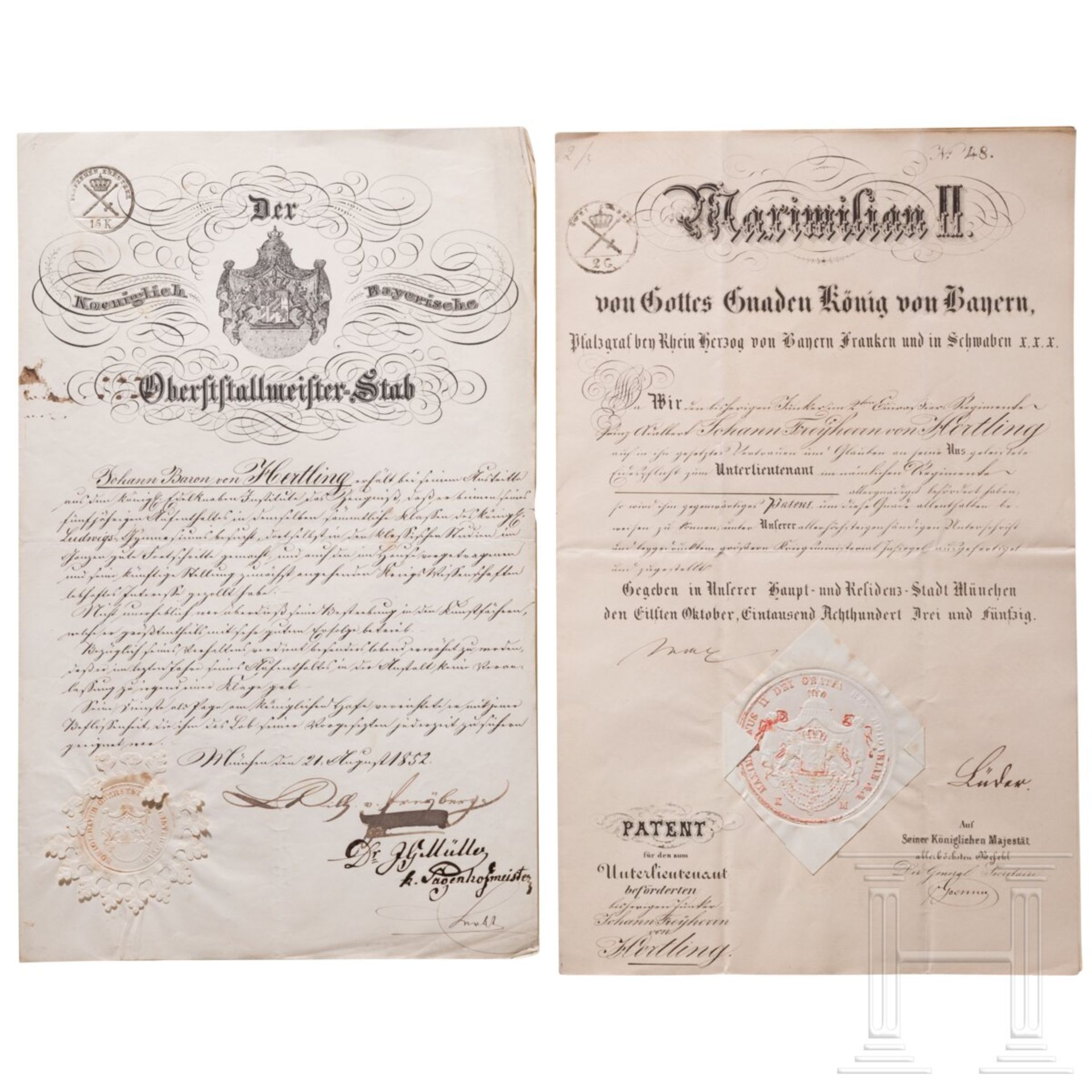 König Maximilian II. - Patent zum Unterlieutenant für Johann Freiherr von Hertling und weiteres Schr