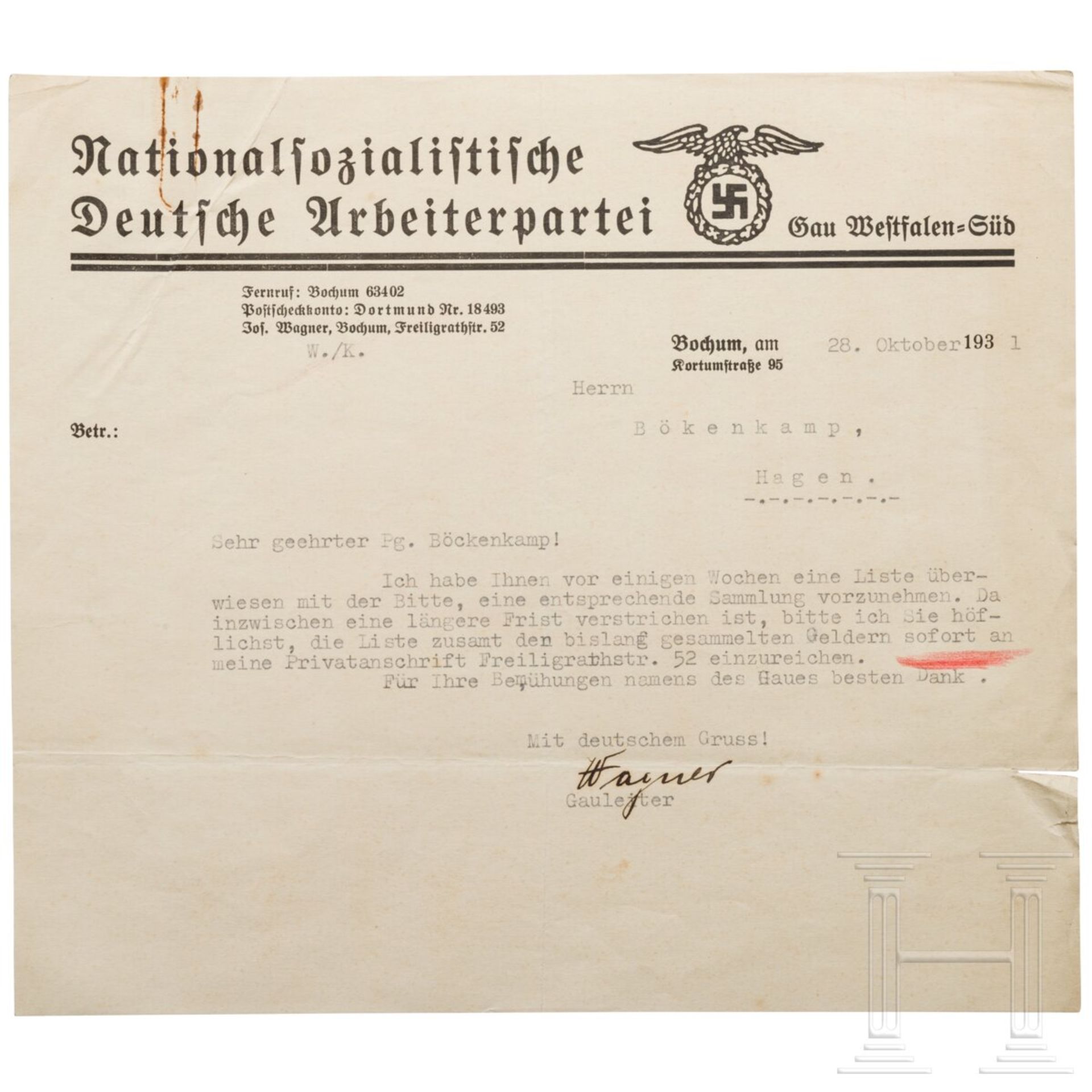 Gauleiter Josef Wagner - signierter Brief, 1931