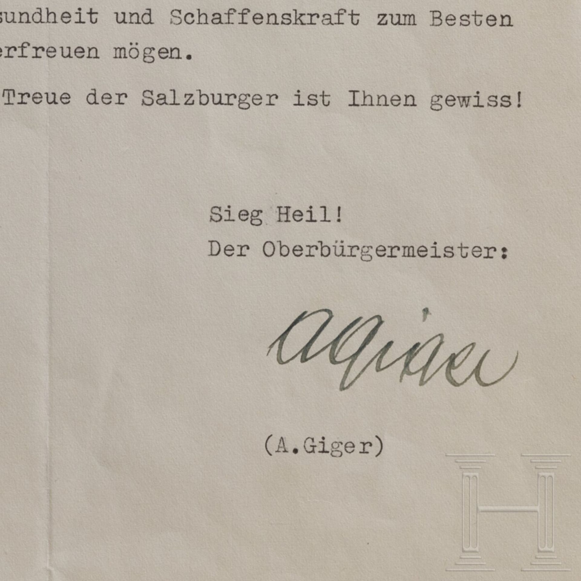 Anton Giger (1885 - 1945) - signiertes Glückwunschschreiben des Salzburger Oberbürgermeisters zum Ja - Bild 2 aus 2