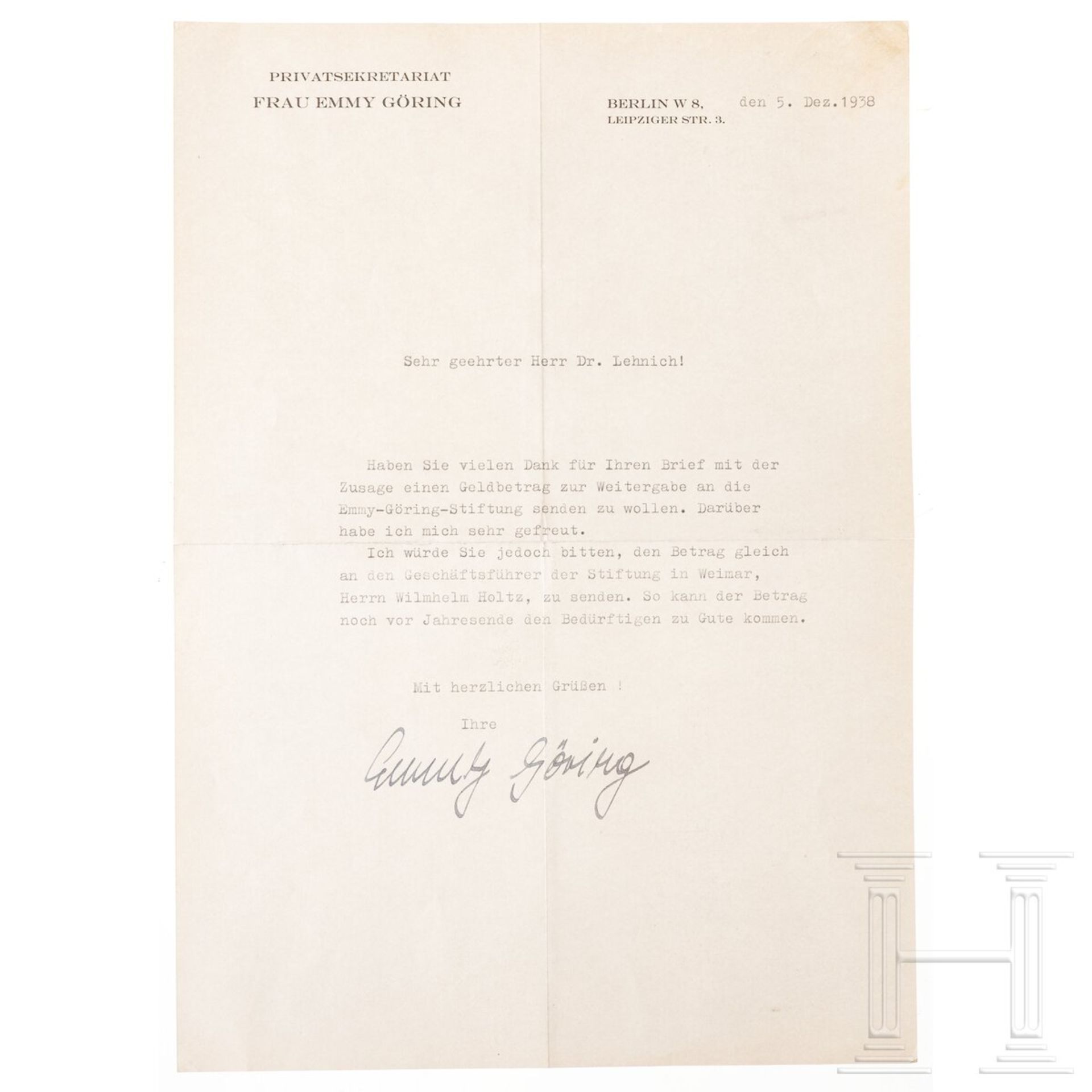 Emmy Göring - Tintenunterschrift auf einem Dankschreiben
