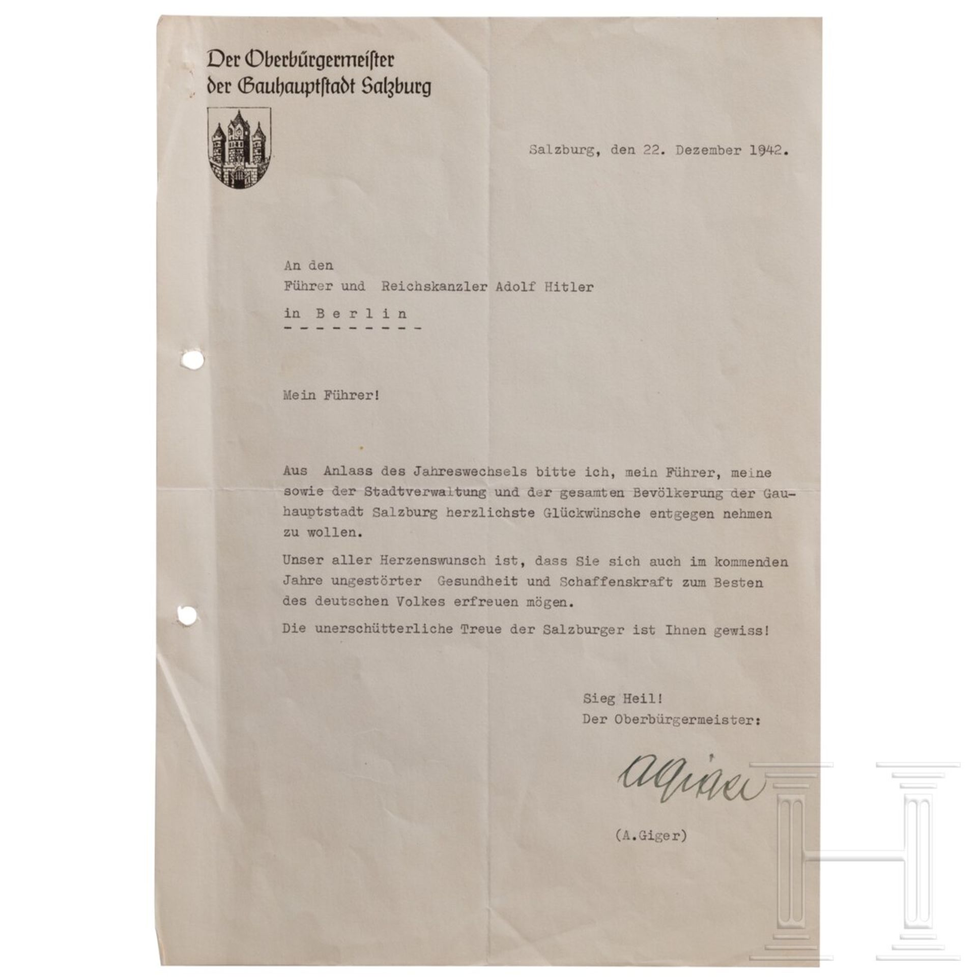 Anton Giger (1885 - 1945) - signiertes Glückwunschschreiben des Salzburger Oberbürgermeisters zum Ja