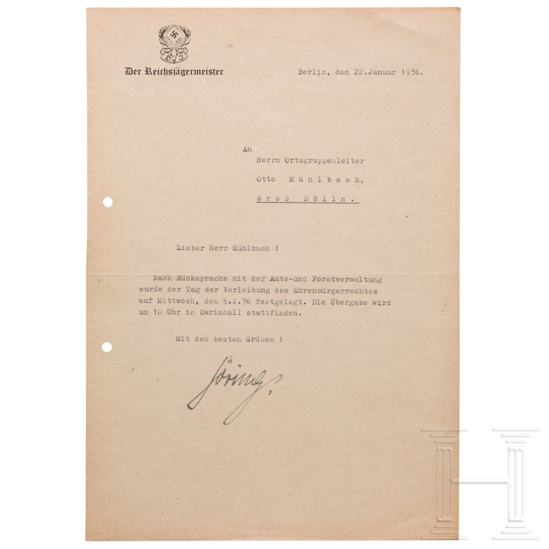 Hermann Göring - Tintenunterschrift auf einem Schreiben an den Ortsgruppenleiter von Groß Dölln in d