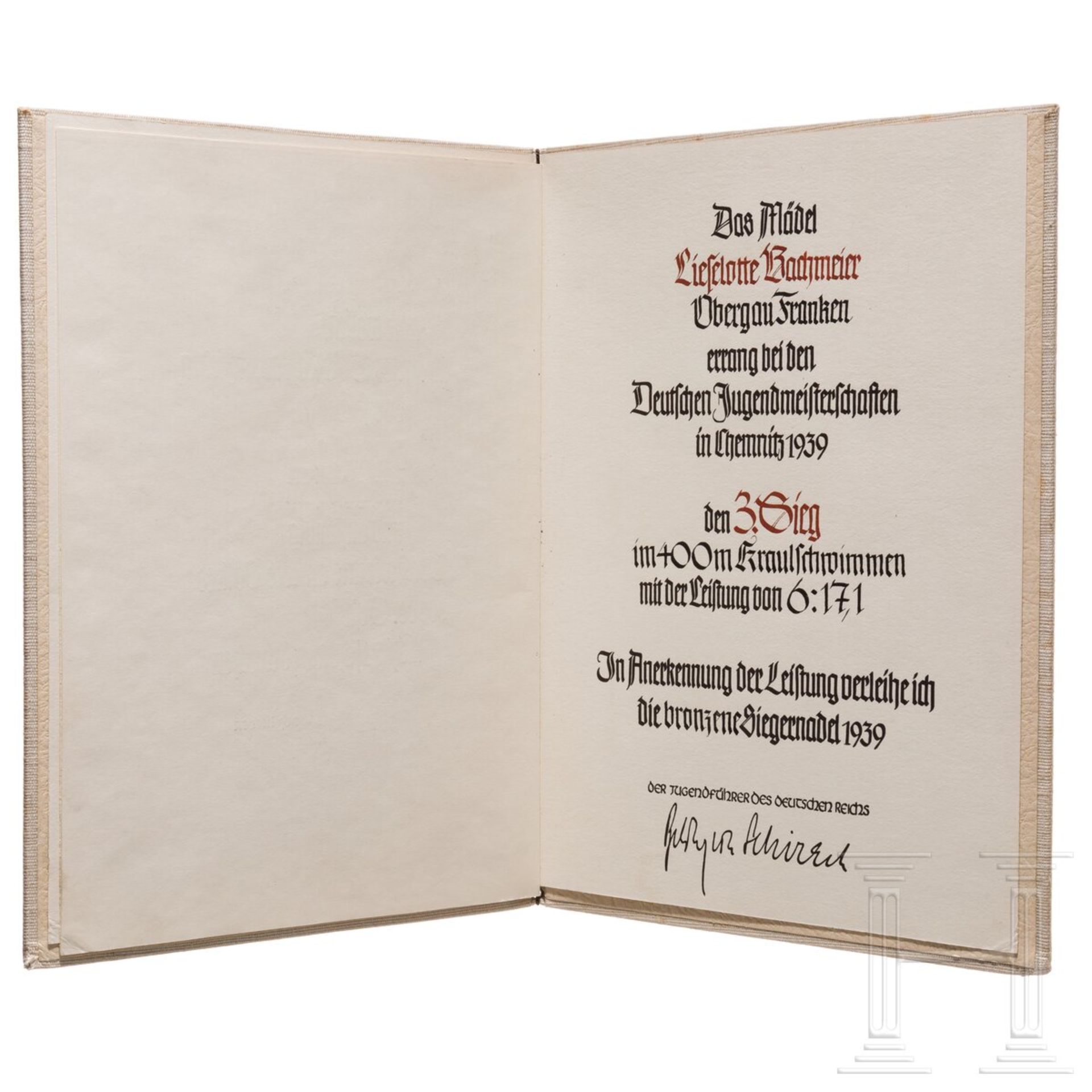 Urkundenmappe für die bronzene Siegernadel der HJ-Reichsjugendführung 1939
