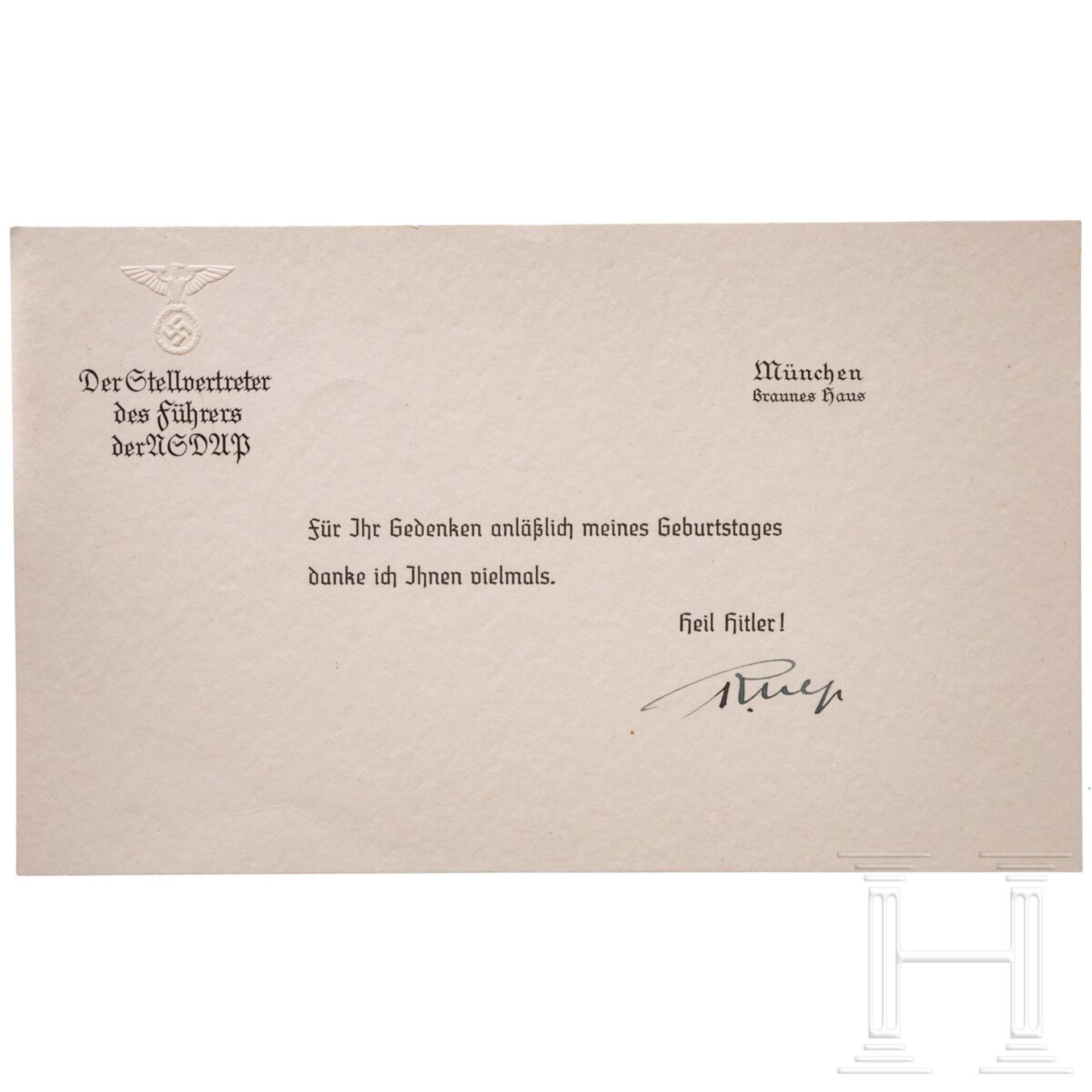 Susi Demoll und Rudolf Heß - eigenhändig signierte Dankeskarte