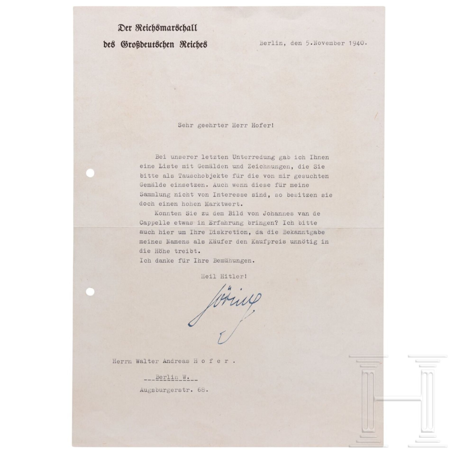 Hermann Göring - Tintenunterschrift auf einem Schreiben an den Kunsthändler Walter Andreas Hofer