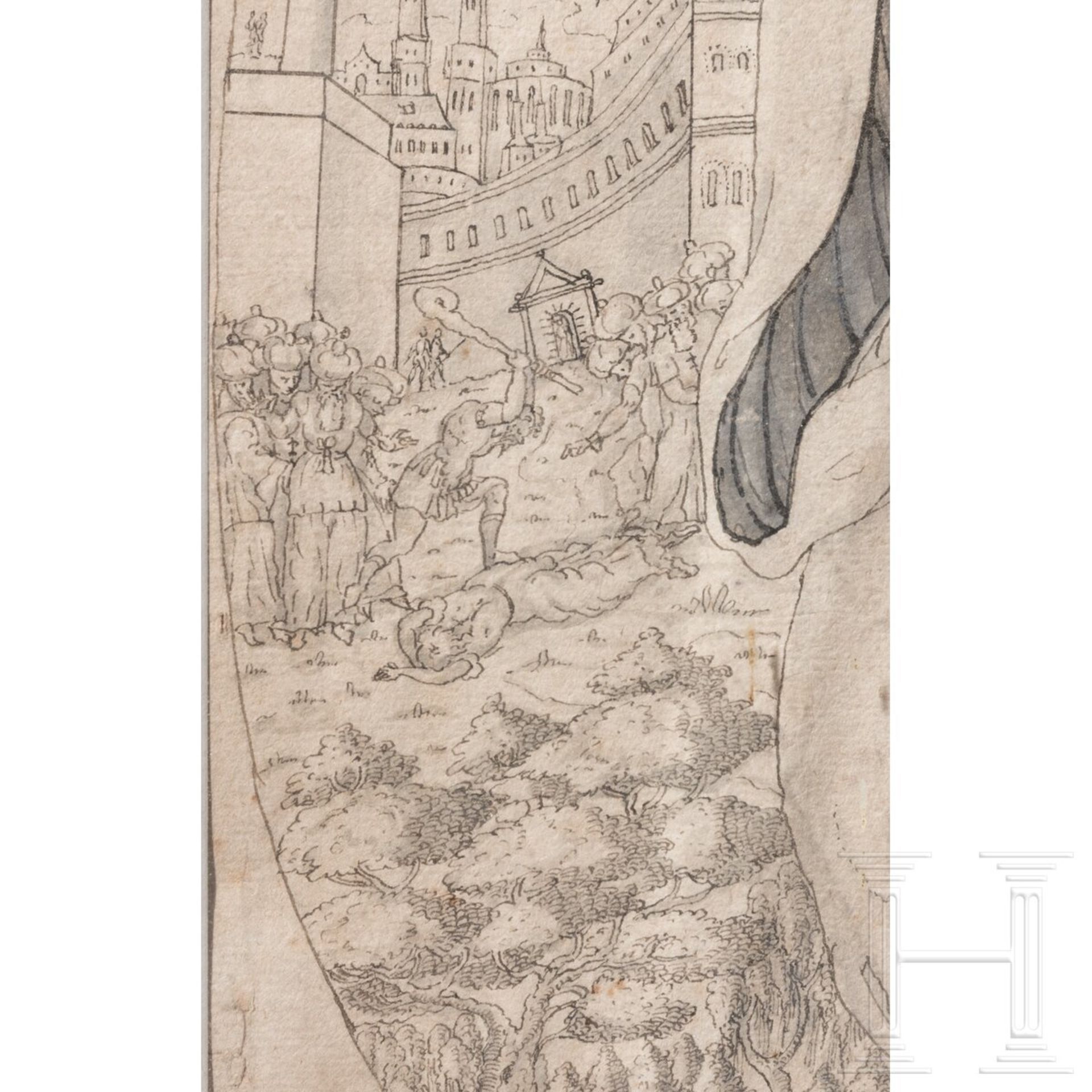 Aquarellierte Tuschezeichnung des Judas Thaddäus, Augustin Hirschvogel zugeschrieben, Nürnberg, um 1 - Image 4 of 6