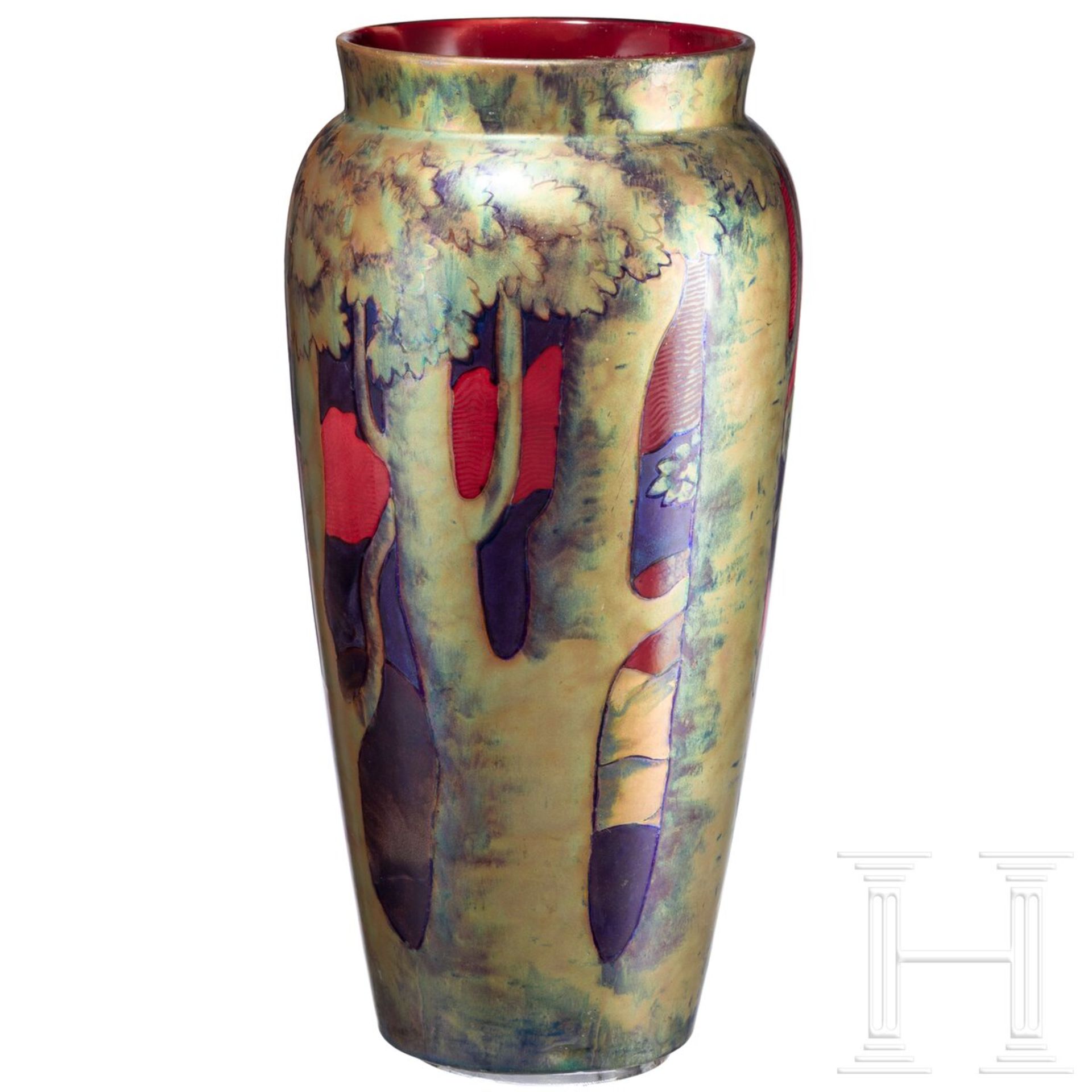Große Jugendstil-Vase mit Landschaftsszene, Pecs (Fünfkirchen), Zsolnay, Entwurf wohl von Tade Sikor