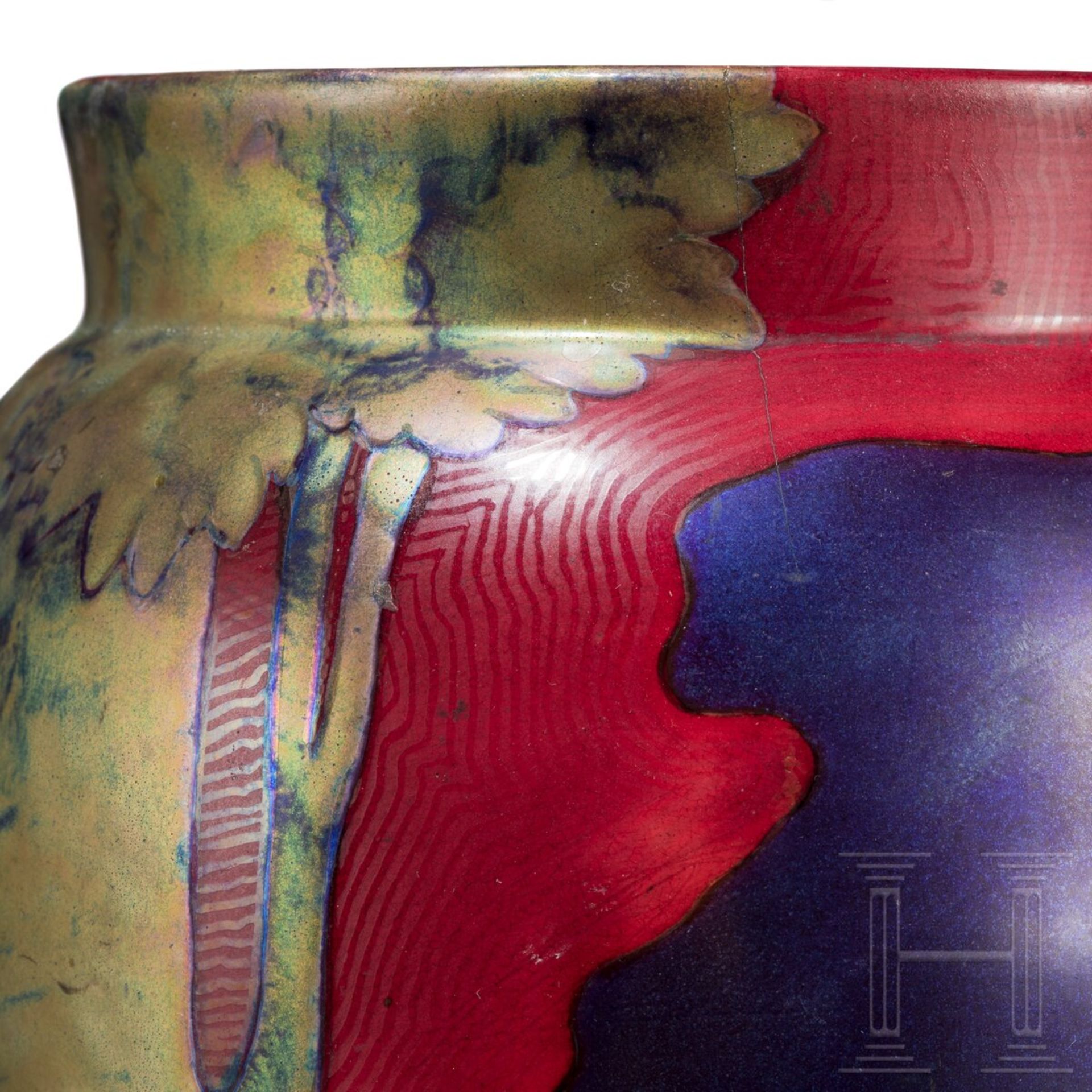 Große Jugendstil-Vase mit Landschaftsszene, Pecs (Fünfkirchen), Zsolnay, Entwurf wohl von Tade Sikor - Image 4 of 6