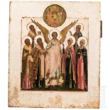 Fein gemalte Ikone mit dem Schutzengel und ausgewählten Heiligen, Palech, 19. Jhdt.