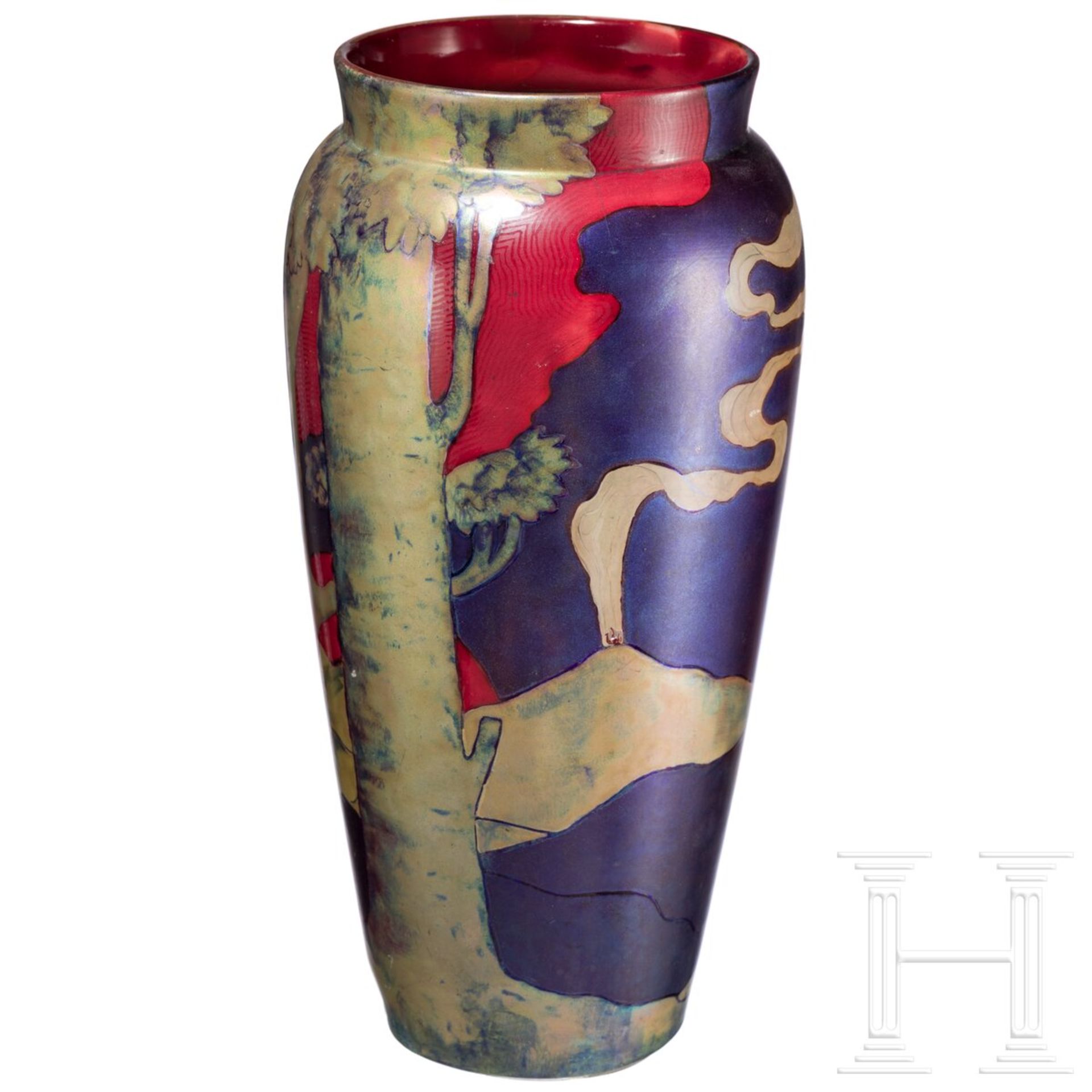 Große Jugendstil-Vase mit Landschaftsszene, Pecs (Fünfkirchen), Zsolnay, Entwurf wohl von Tade Sikor - Image 3 of 6