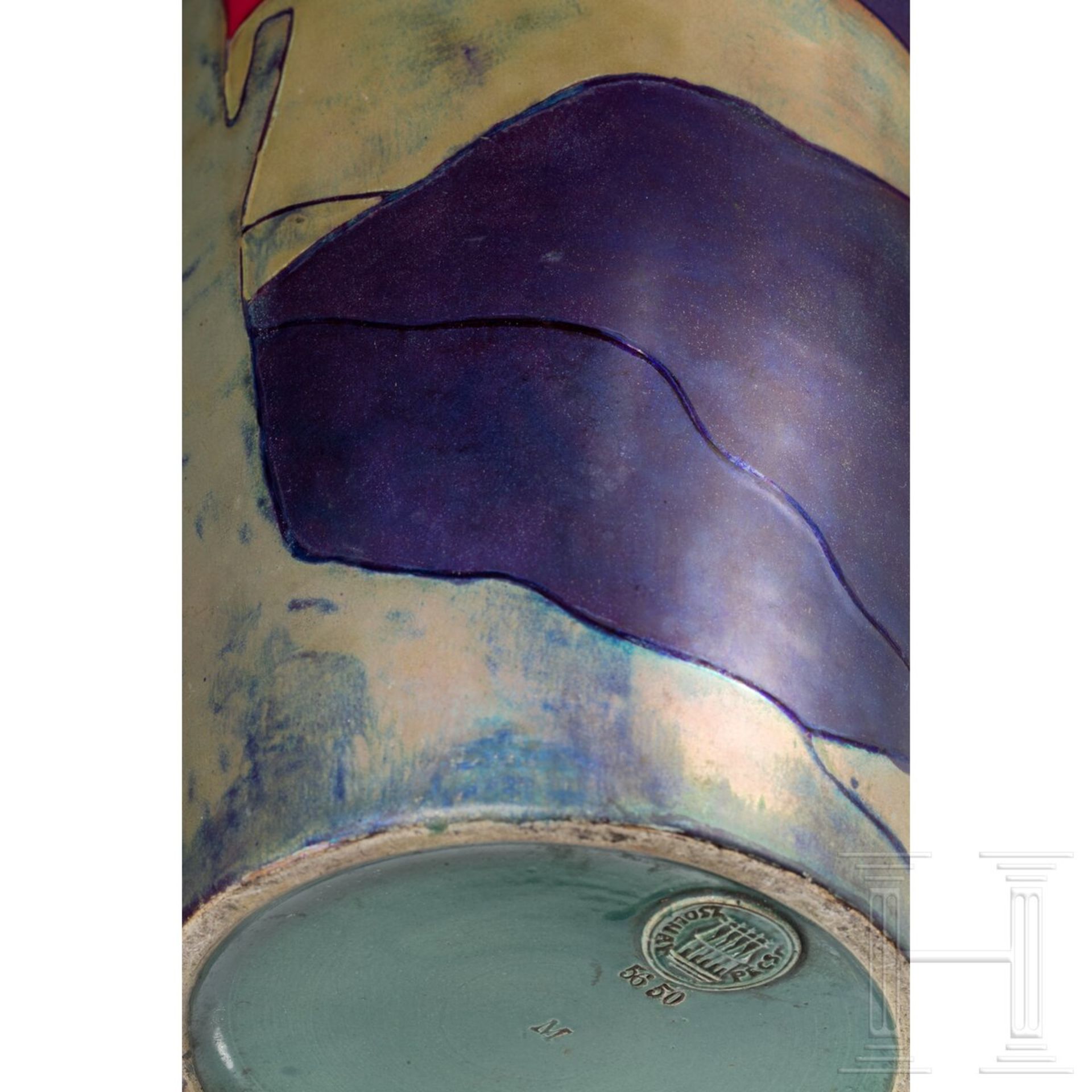Große Jugendstil-Vase mit Landschaftsszene, Pecs (Fünfkirchen), Zsolnay, Entwurf wohl von Tade Sikor - Image 6 of 6