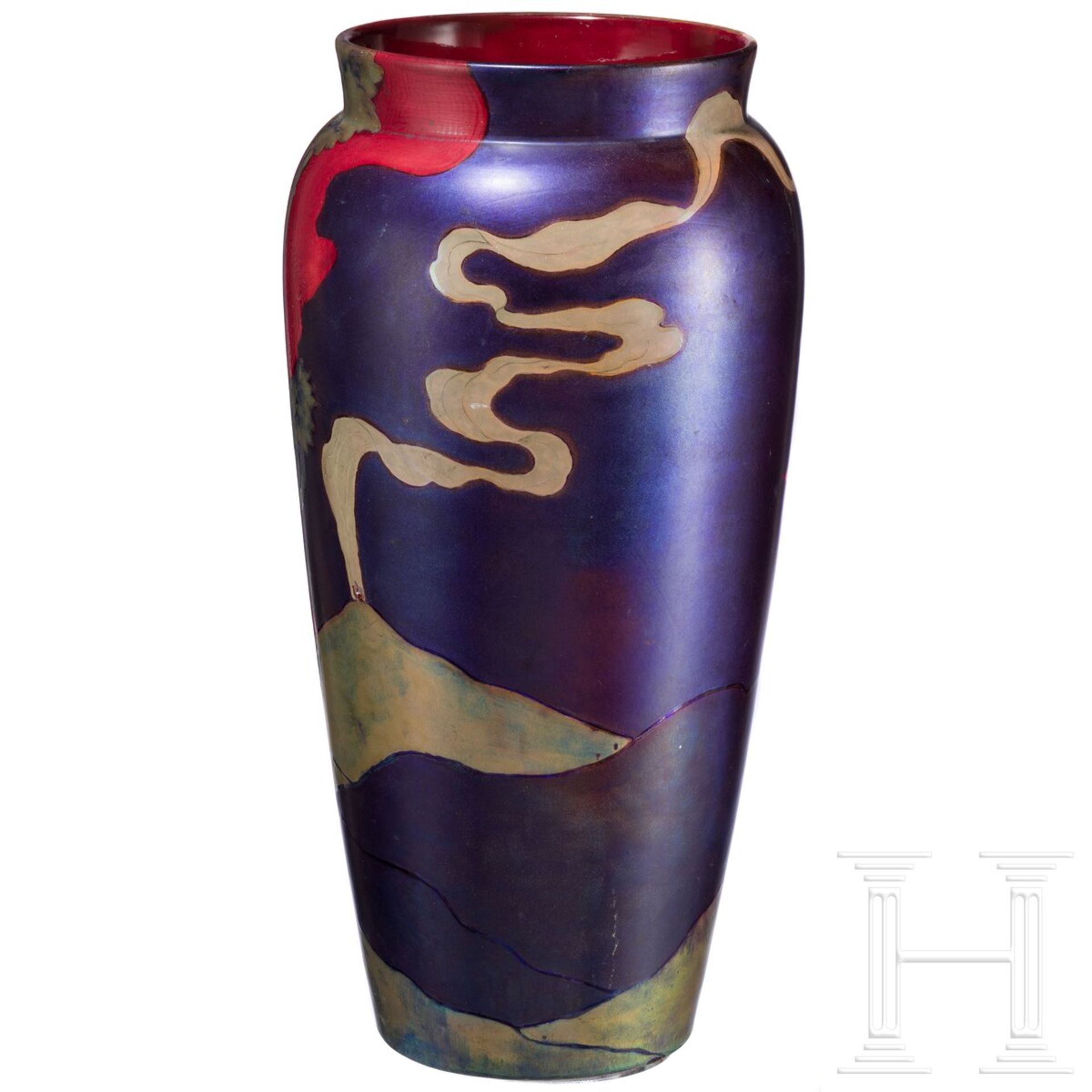 Große Jugendstil-Vase mit Landschaftsszene, Pecs (Fünfkirchen), Zsolnay, Entwurf wohl von Tade Sikor - Image 2 of 6