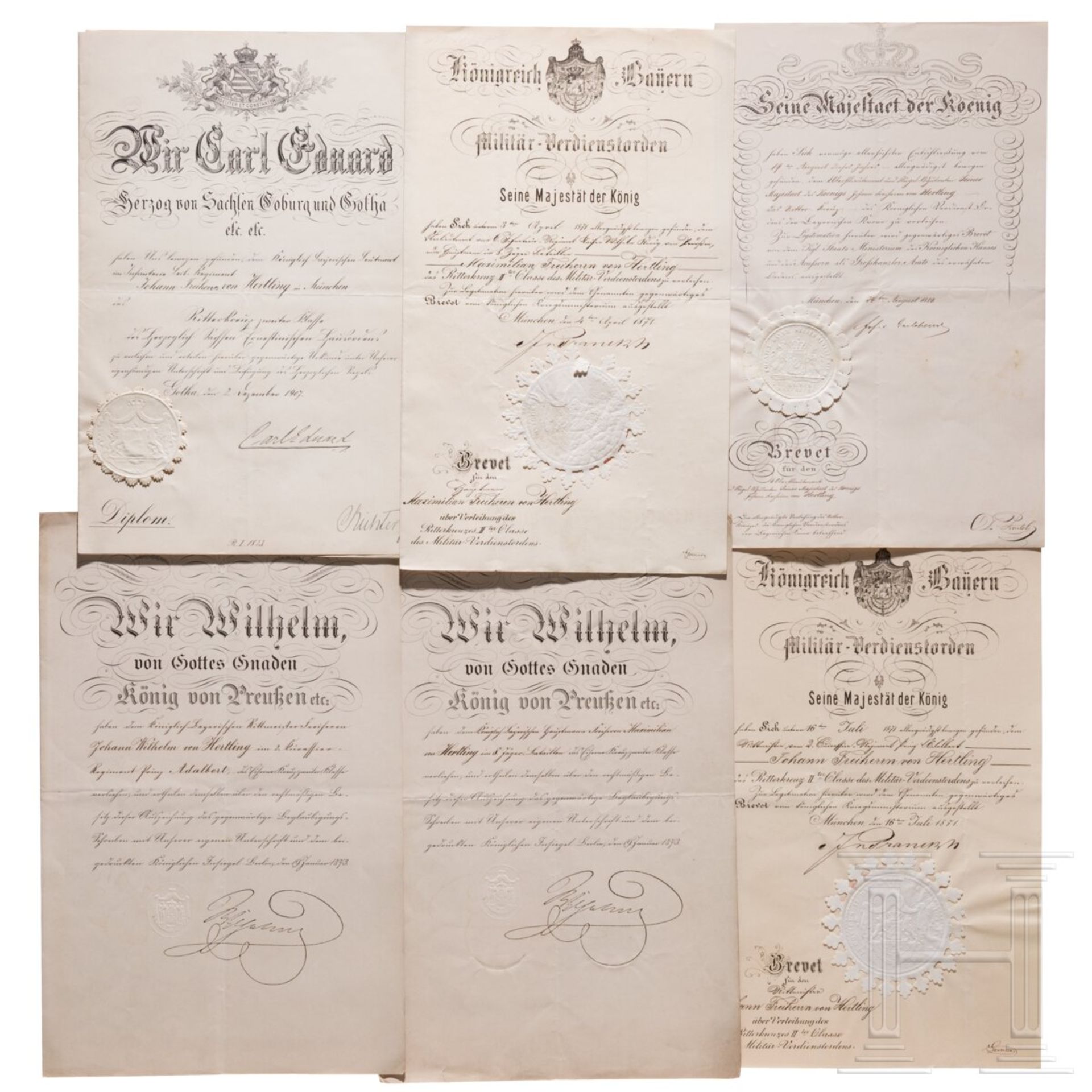 Offiziersfamilie der Freiherren von Hertling - sechs Dokumente, 1871 - 1907
