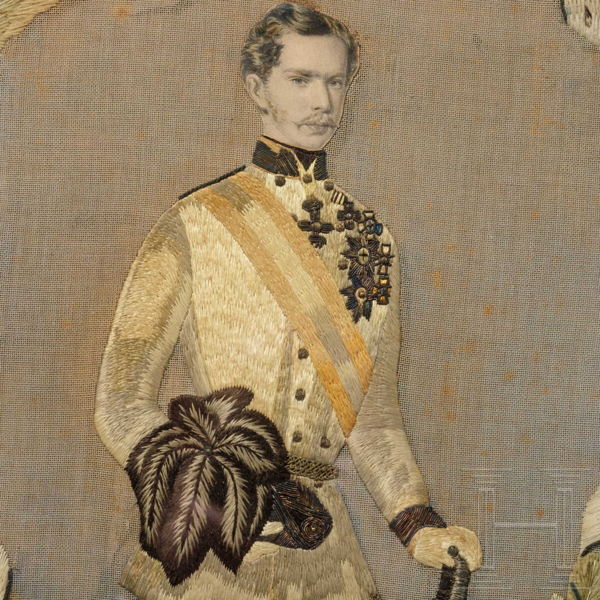 Kaiser Franz Joseph I. von Österreich - gesticktes Portrait des jungen Kaisers, um 1850 - Bild 2 aus 4