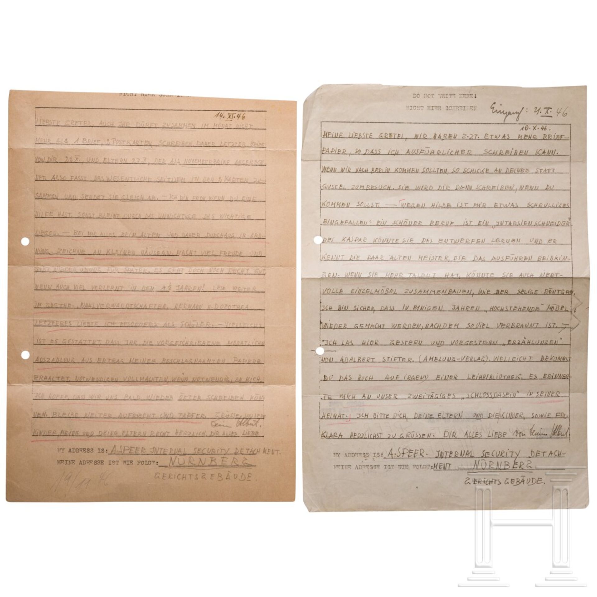 Albert Speer - zwei Briefe an seine Frau, POW, Nürnberg, 1946