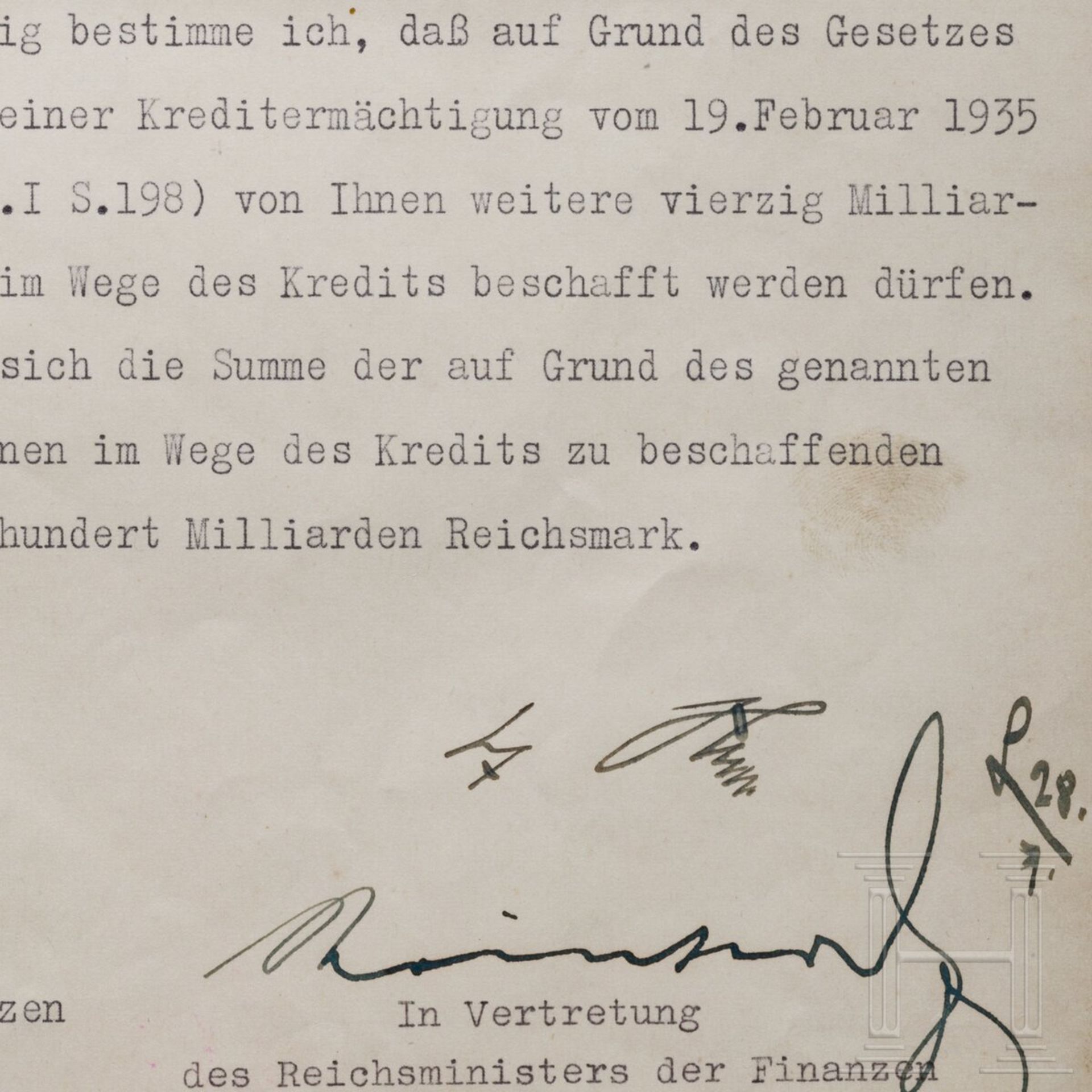 Adolf Hitler - Kreditermächtigung vom 28. Juli 1942 mit einer Erhöhung von 130 auf 200 Milliarden RM - Bild 2 aus 3