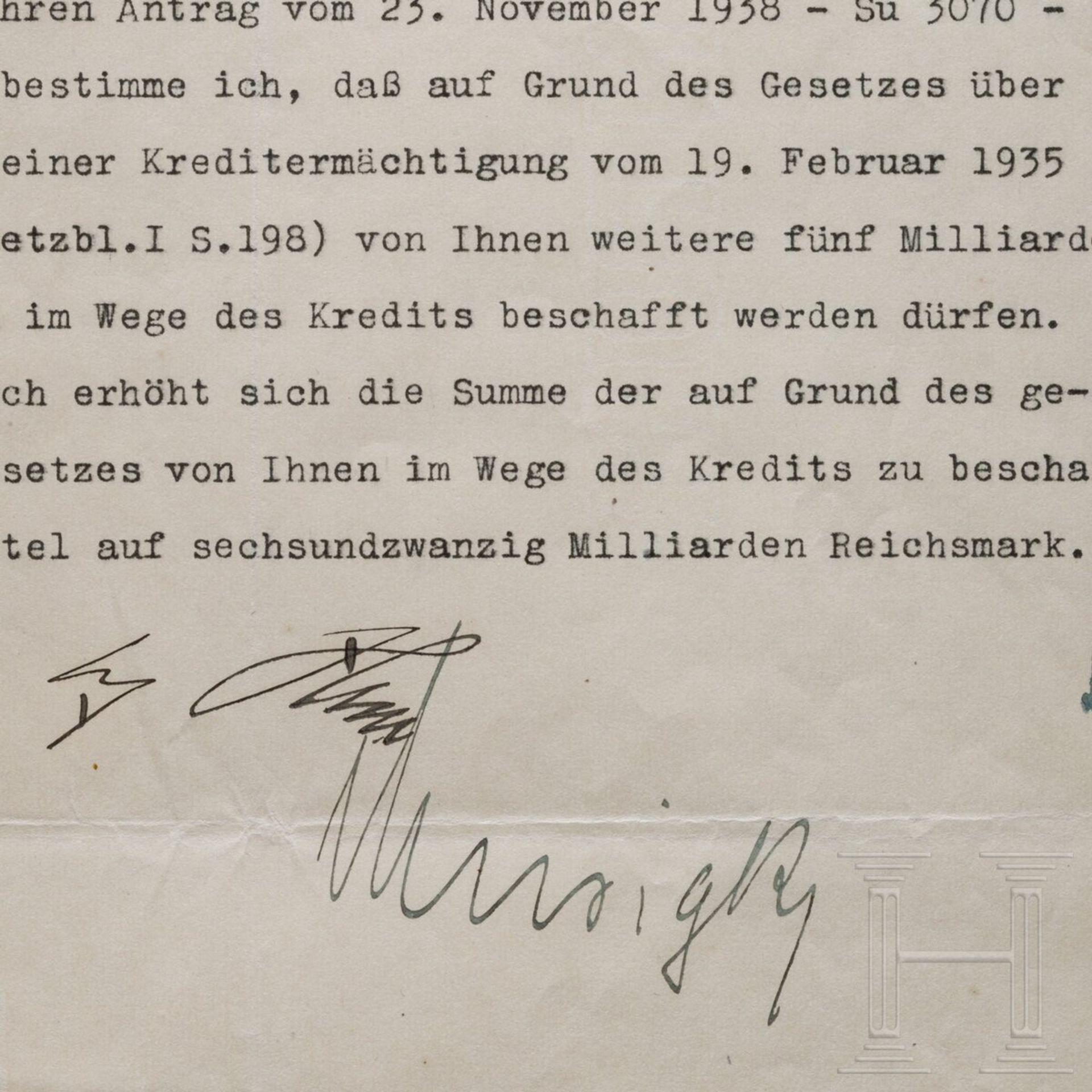 Adolf Hitler - Kreditermächtigung vom 21. Dezember 1938 mit einer Erhöhung von 21 auf 26 Milliarden - Image 2 of 3
