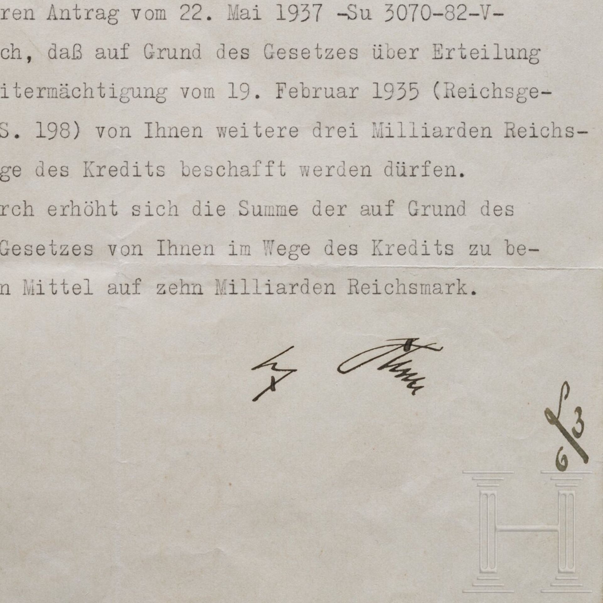 Adolf Hitler - Kreditermächtigung vom 3. Juni 1937 mit einer Erhöhung von 7 auf 10 Milliarden RM - Image 2 of 3