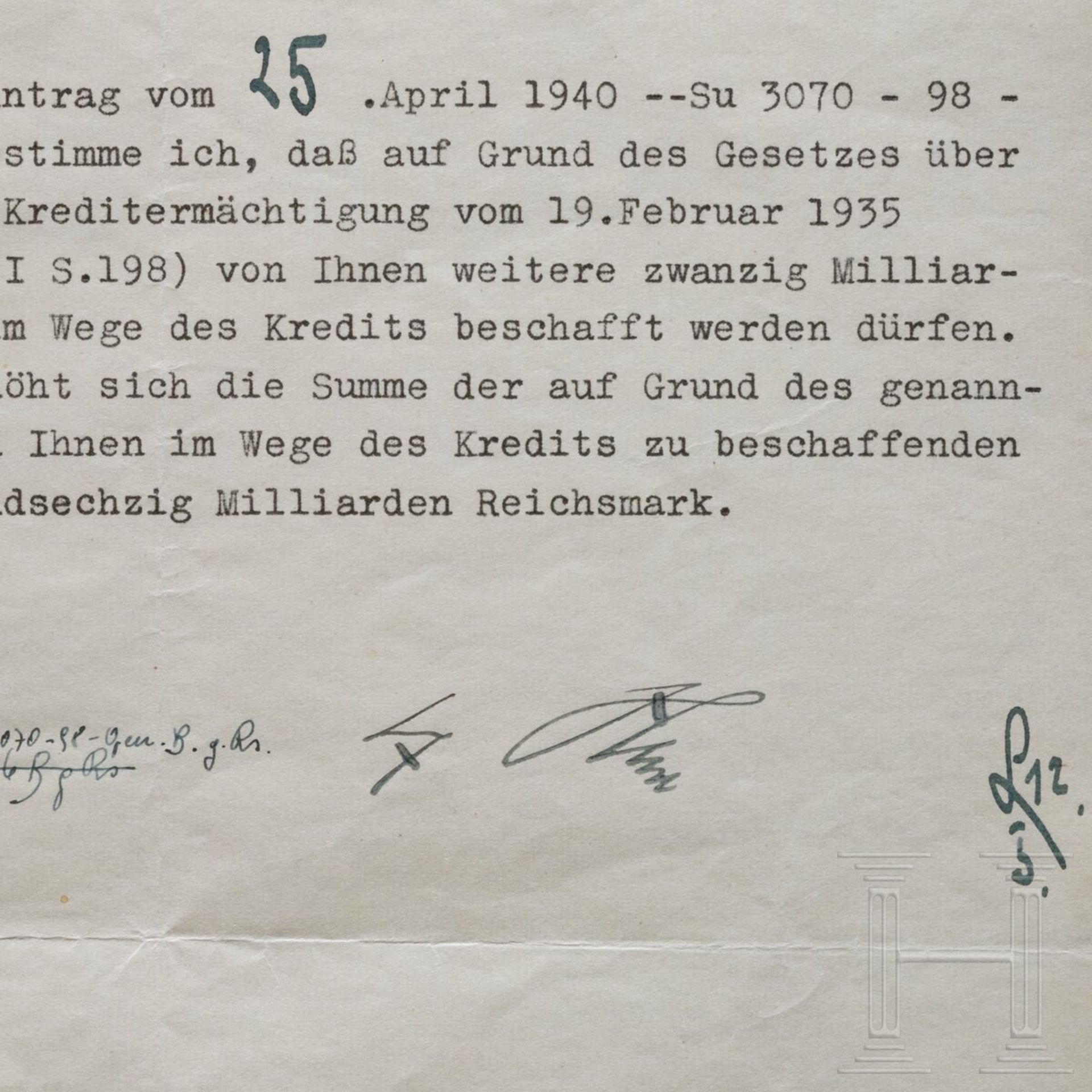 Adolf Hitler - Kreditermächtigung vom 12. Mai 1940 mit einer Erhöhung von 41 auf 61 Milliarden RM - Bild 2 aus 3