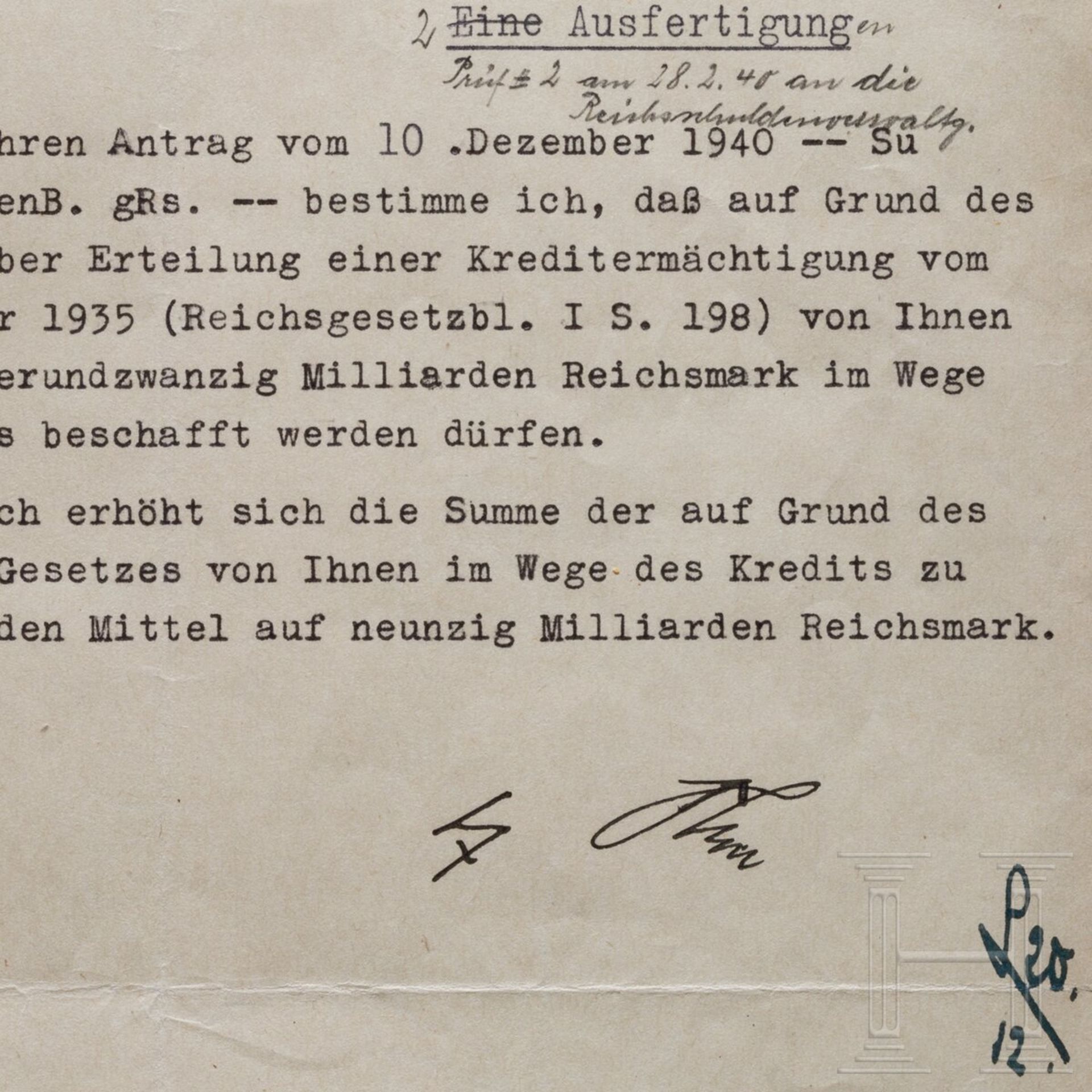 Adolf Hitler - Kreditermächtigung vom 20. Dezember 1940 mit einer Erhöhung von 66 auf 90 Milliarden  - Bild 2 aus 3