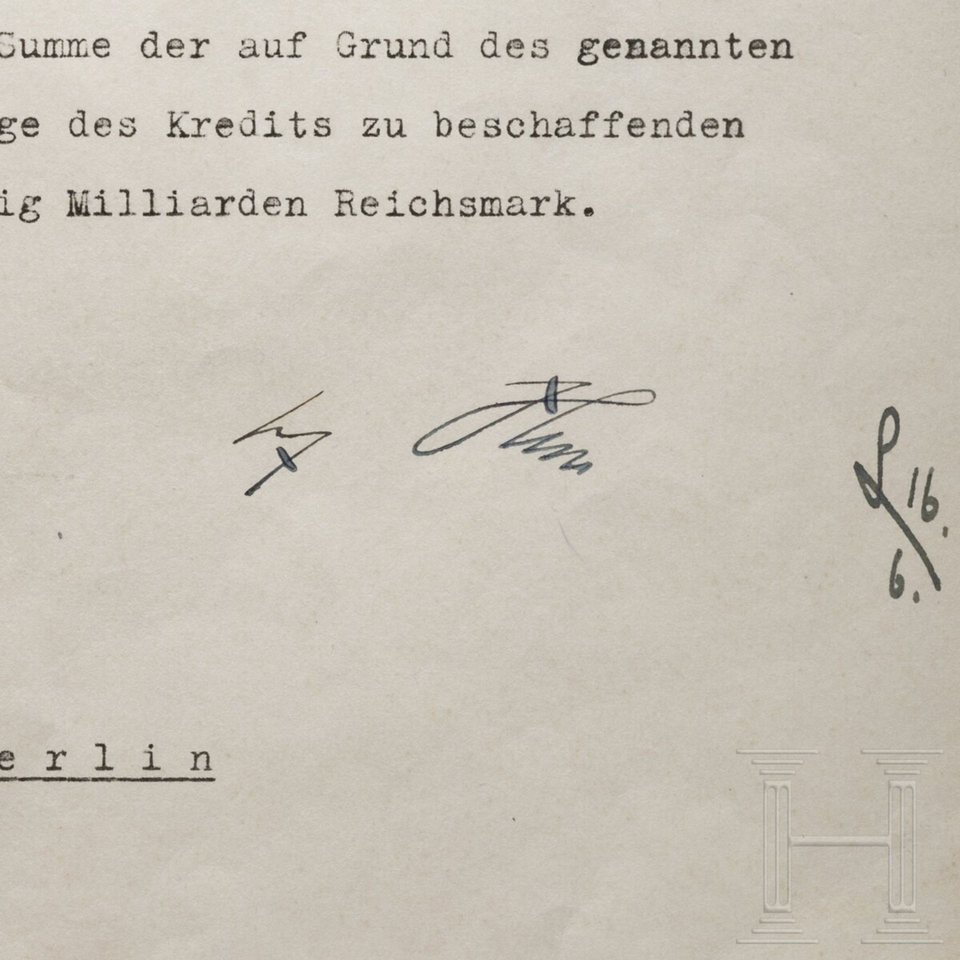 Adolf Hitler - Kreditermächtigung vom 16. Juni 1940 mit einer Erhöhung von 61 auf 66 Milliarden RM - Image 3 of 3