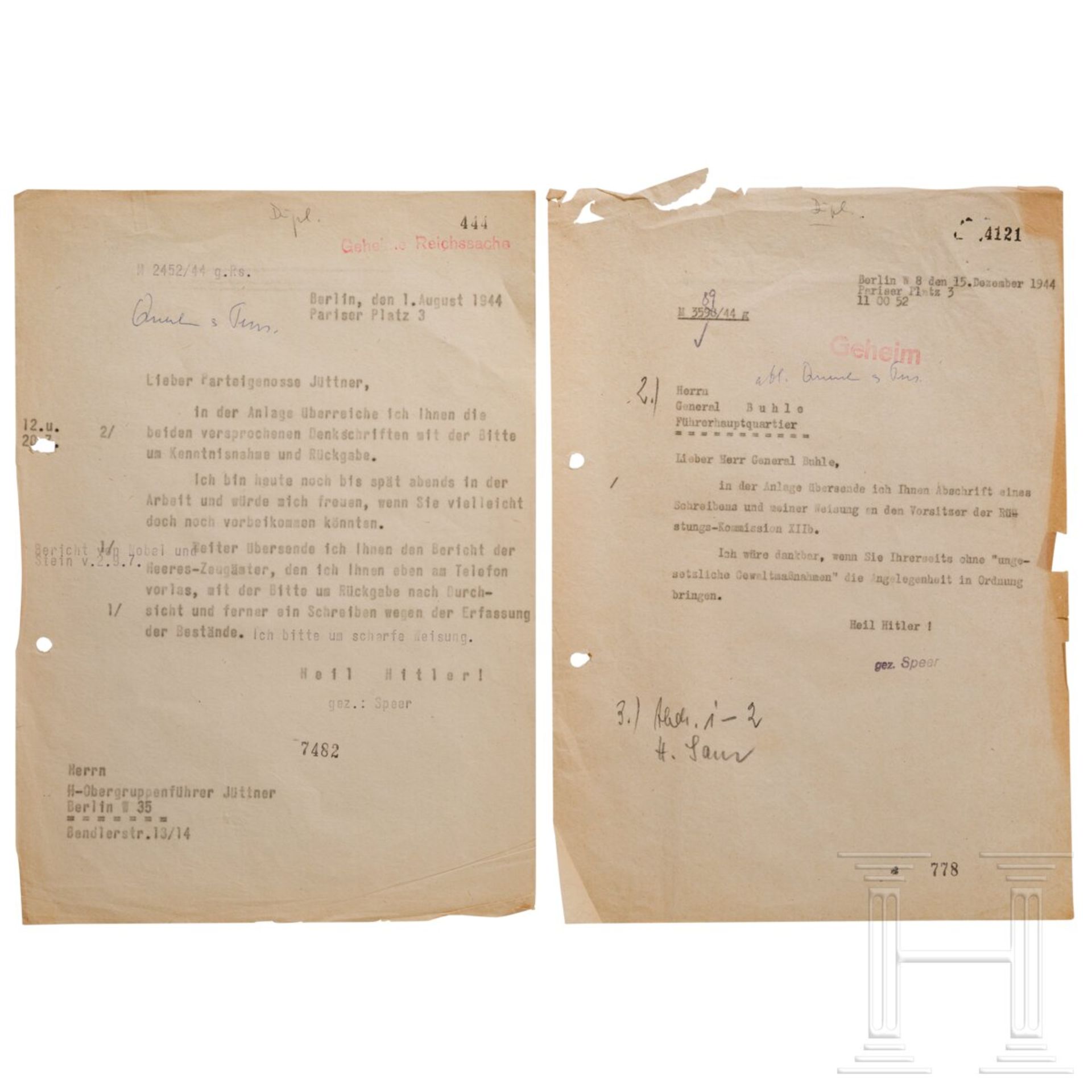 Albert Speer - fünf Schreiben an die SS-Obergruppenführer Karl Frank und Max Jüttner sowie GFM Walte - Bild 2 aus 5