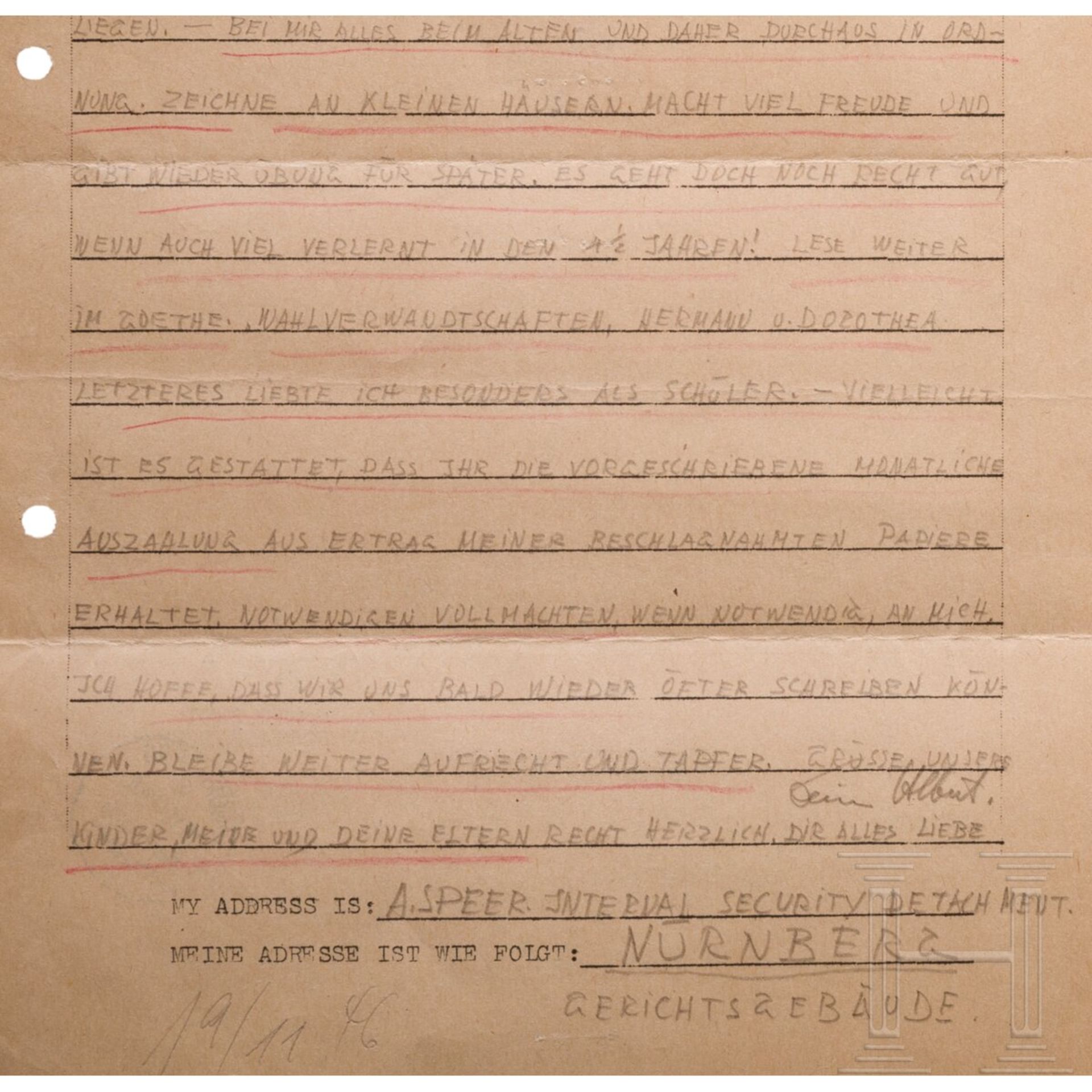 Albert Speer - zwei Briefe an seine Frau, POW, Nürnberg, 1946 - Image 4 of 4