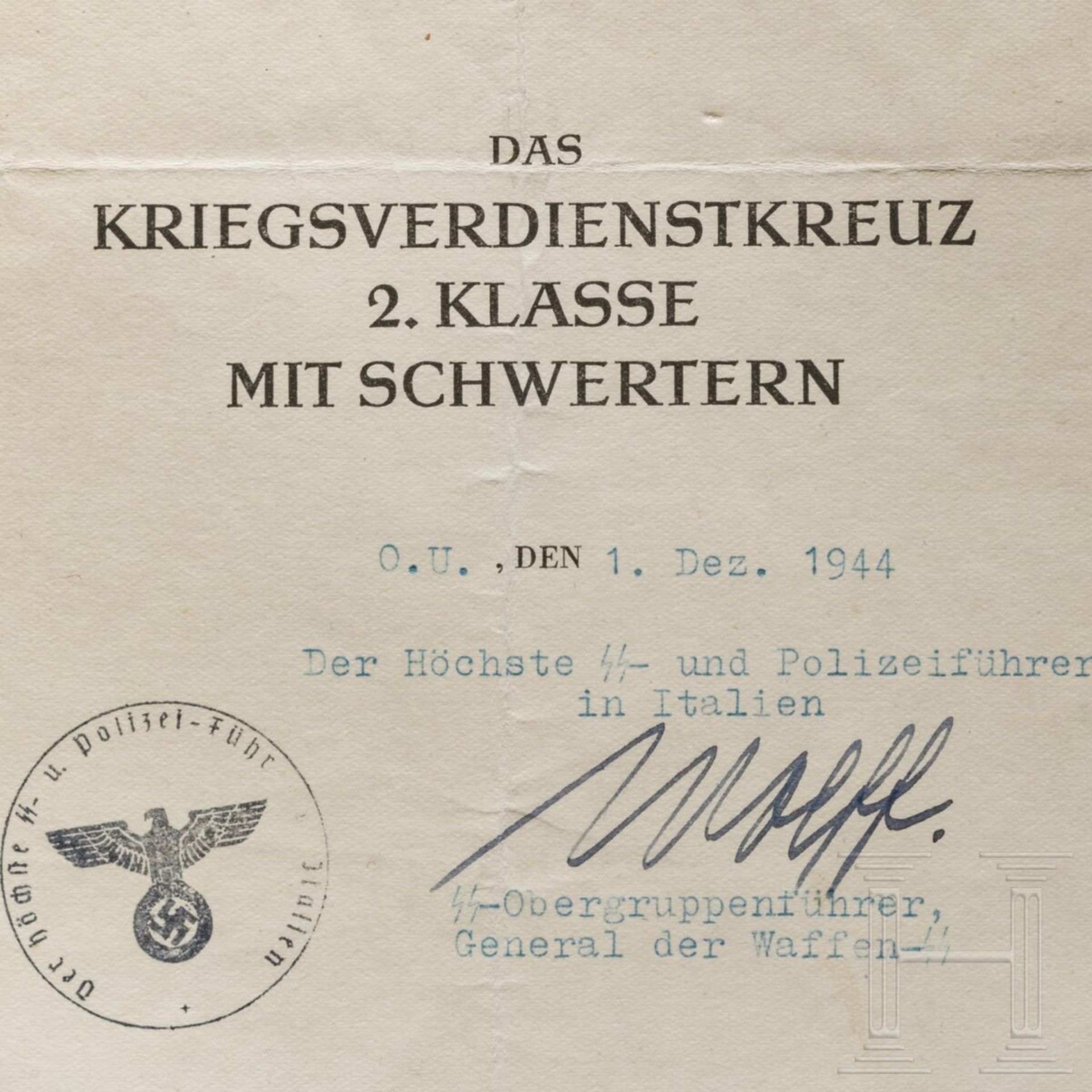 Verleihungsurkunde zum KVK 2. Klasse mit Schwertern, mit OU des SS-Ogruf. Karl Wolff, 1944 - Bild 6 aus 6