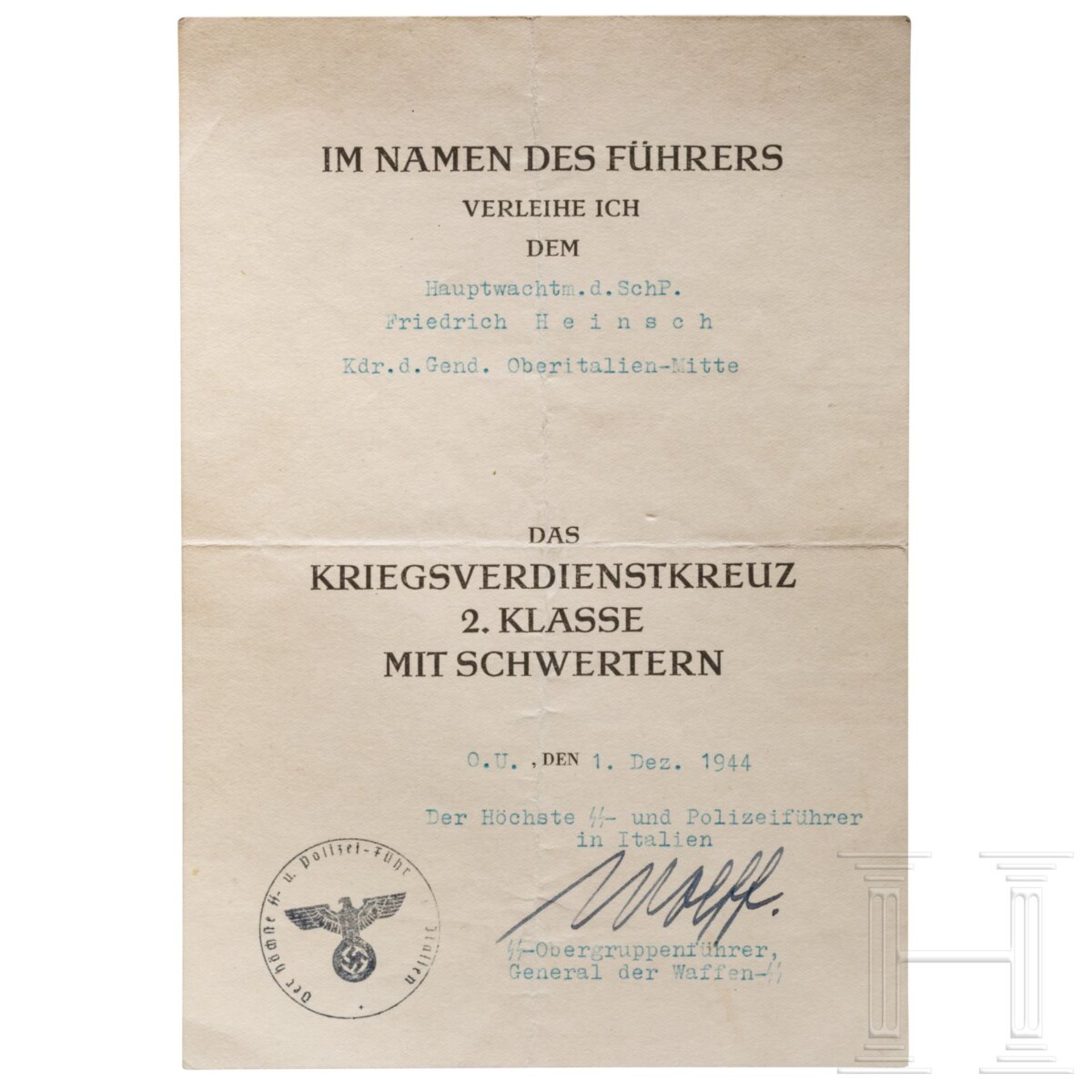 Verleihungsurkunde zum KVK 2. Klasse mit Schwertern, mit OU des SS-Ogruf. Karl Wolff, 1944