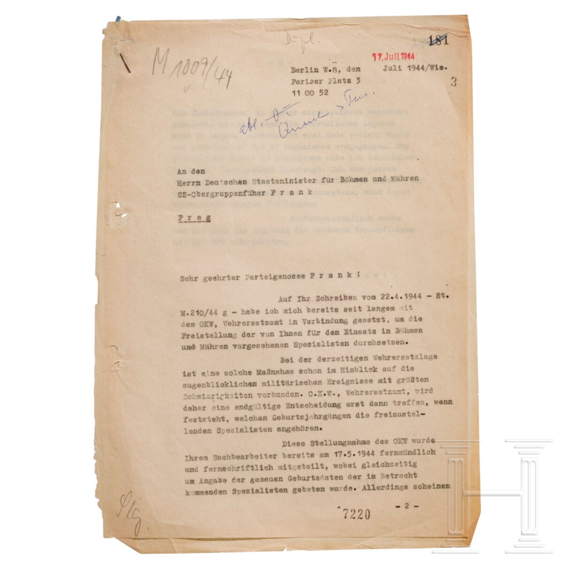 Albert Speer - fünf Schreiben an die SS-Obergruppenführer Karl Frank und Max Jüttner sowie GFM Walte - Bild 4 aus 5