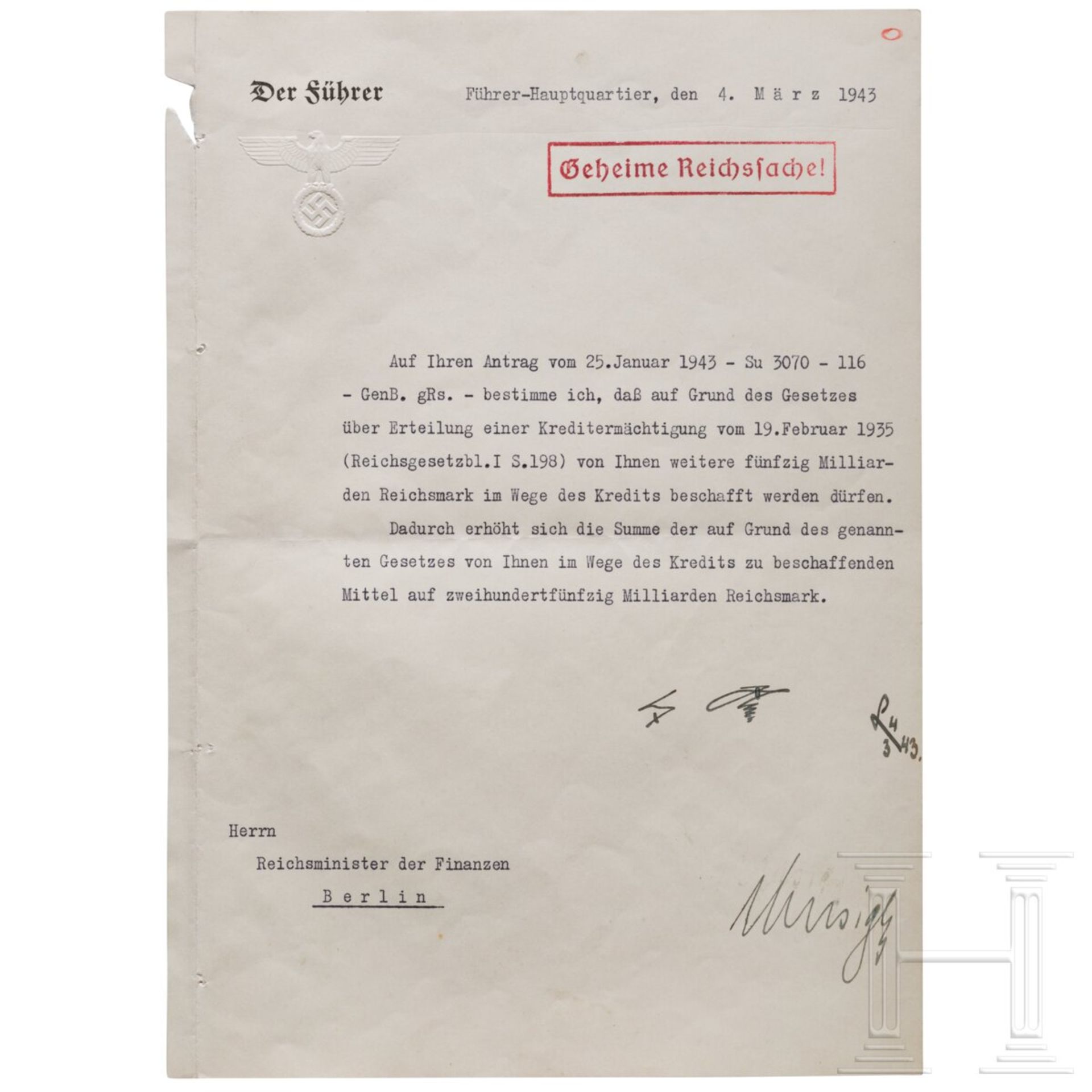 Adolf Hitler - Kreditermächtigung vom 4. März 1943 mit einer Erhöhung von 200 auf 250 Milliarden RM